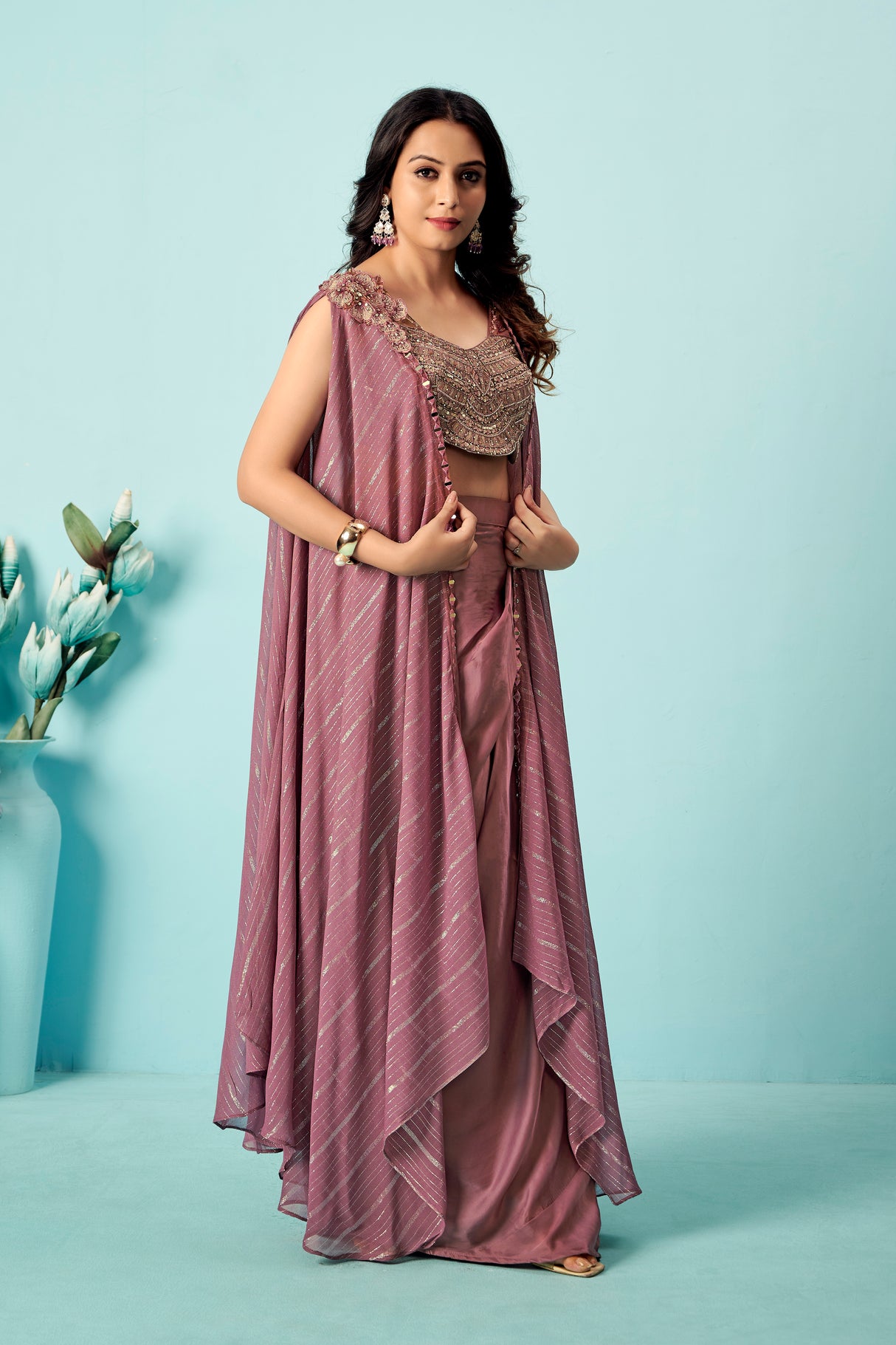 Mauve Draped Satin Saree Gown with Embroidered Scallop Blouse & Cape Pallu – Indo-Western Cocktail & Wedding Wear