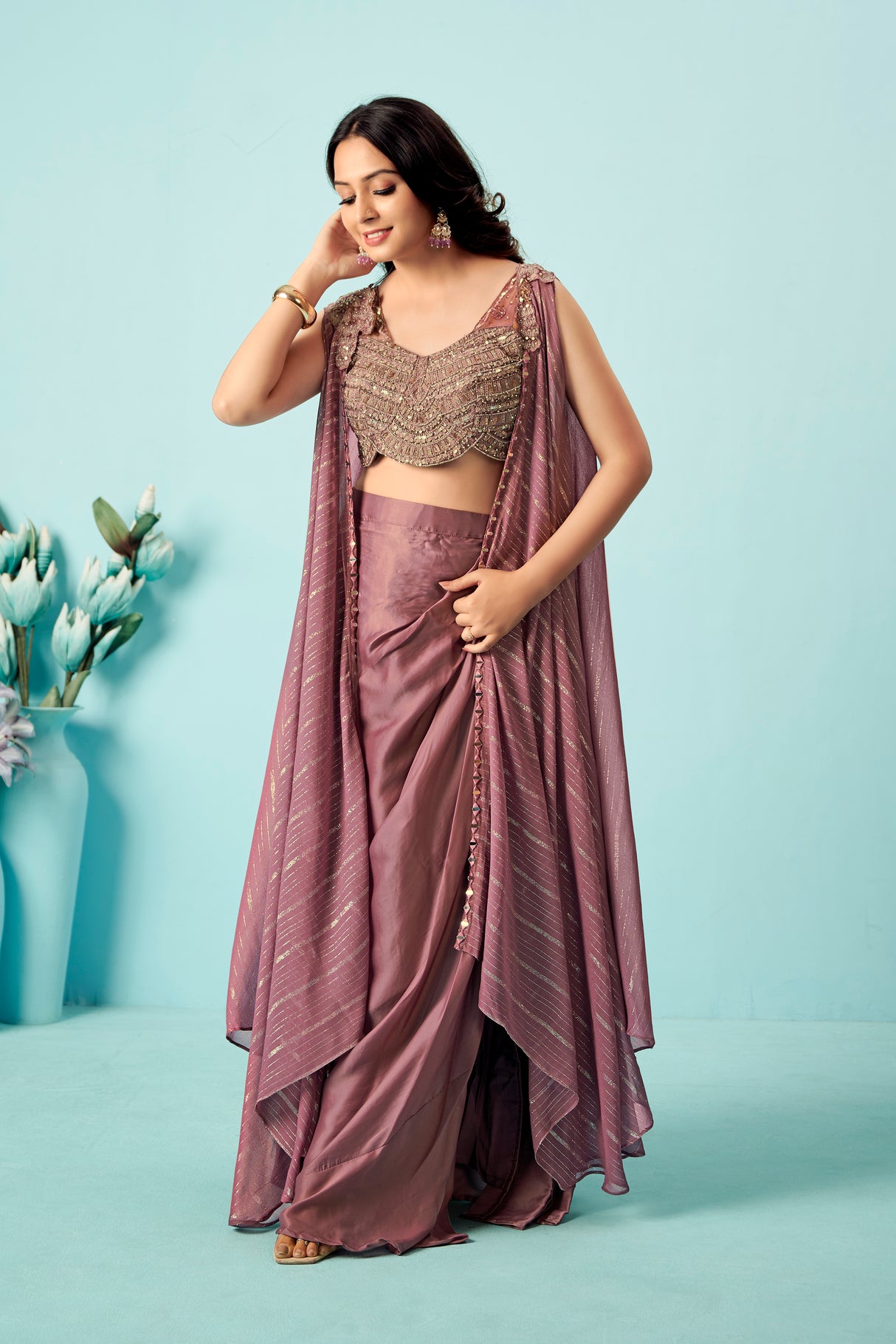 Mauve Draped Satin Saree Gown with Embroidered Scallop Blouse & Cape Pallu – Indo-Western Cocktail & Wedding Wear