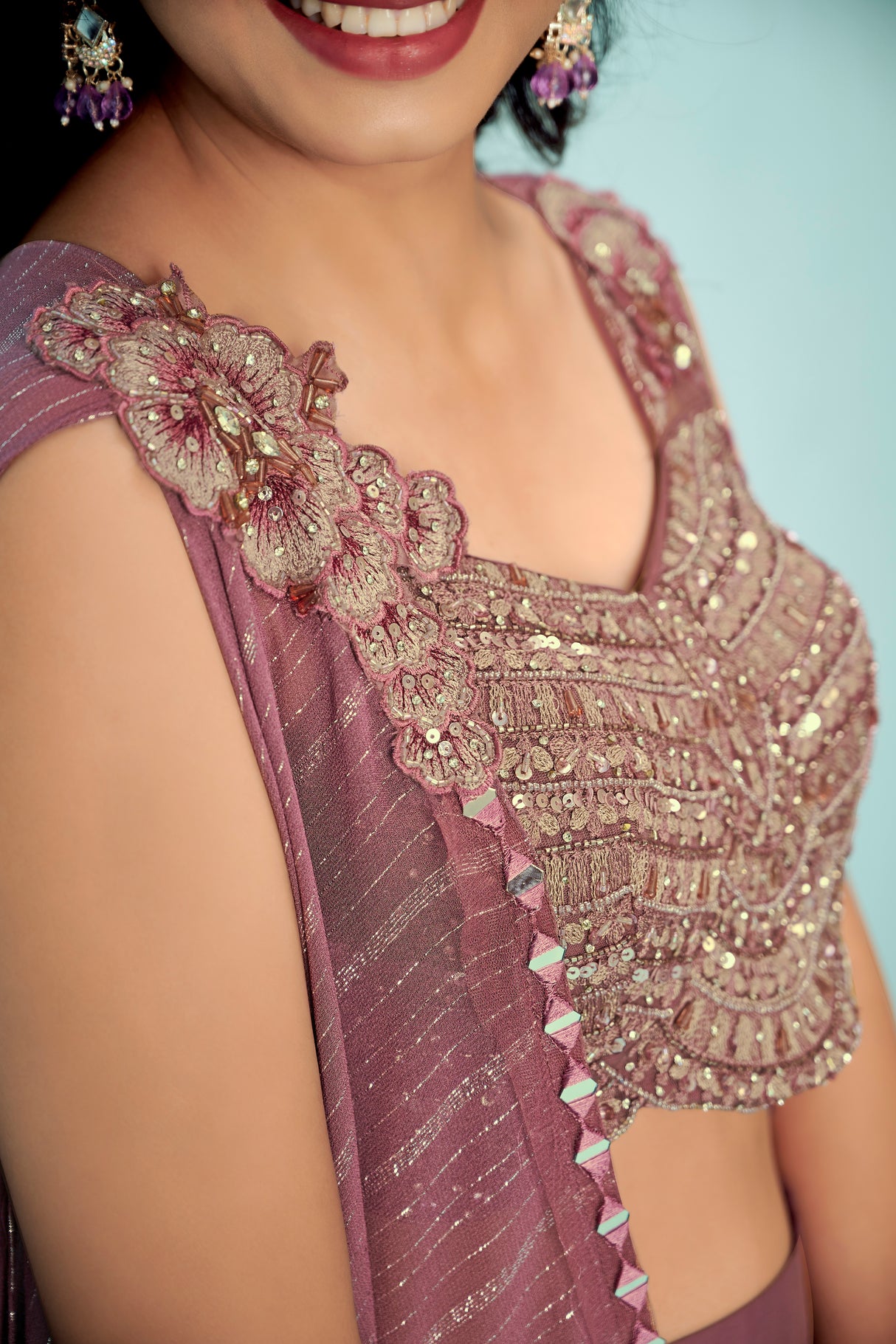 Mauve Draped Satin Saree Gown with Embroidered Scallop Blouse & Cape Pallu – Indo-Western Cocktail & Wedding Wear