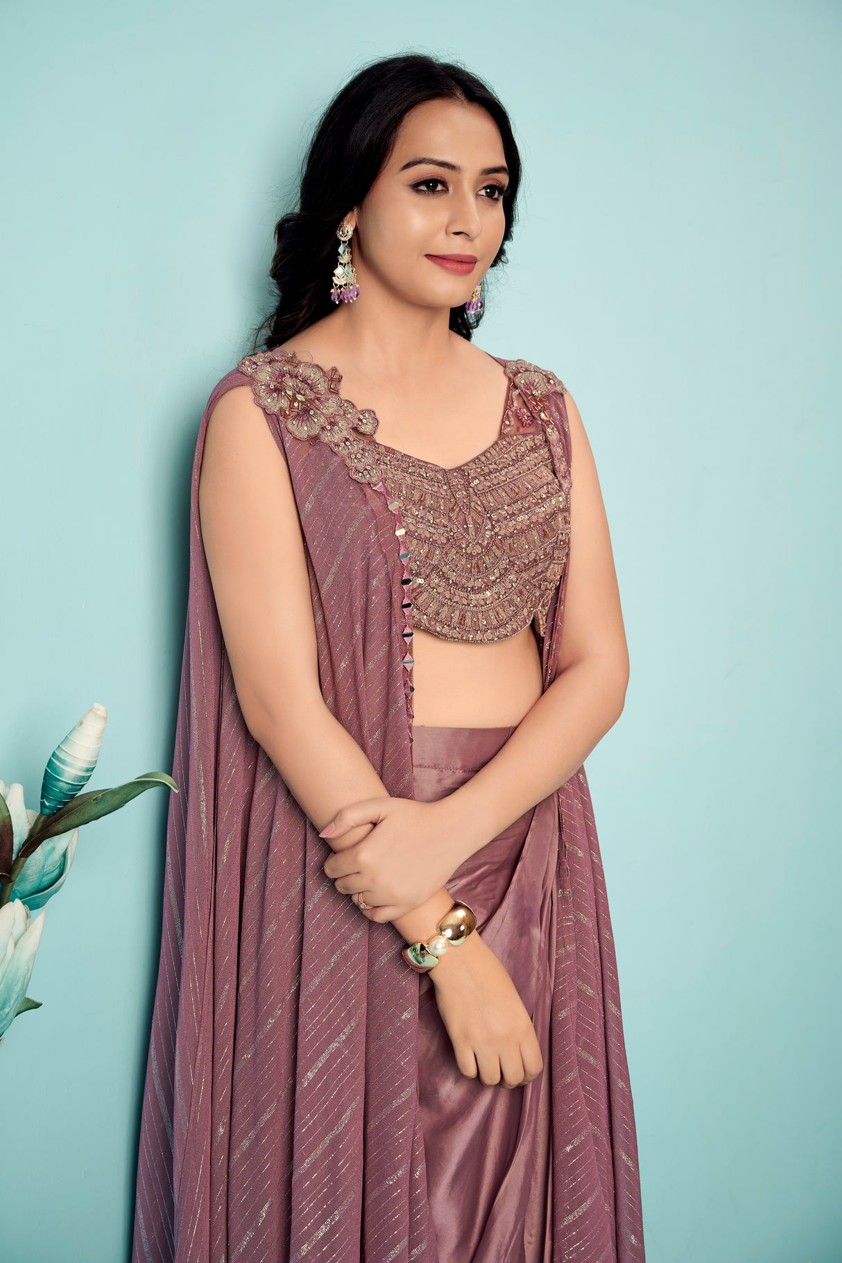 Mauve Draped Satin Saree Gown with Embroidered Scallop Blouse & Cape Pallu – Indo-Western Cocktail & Wedding Wear