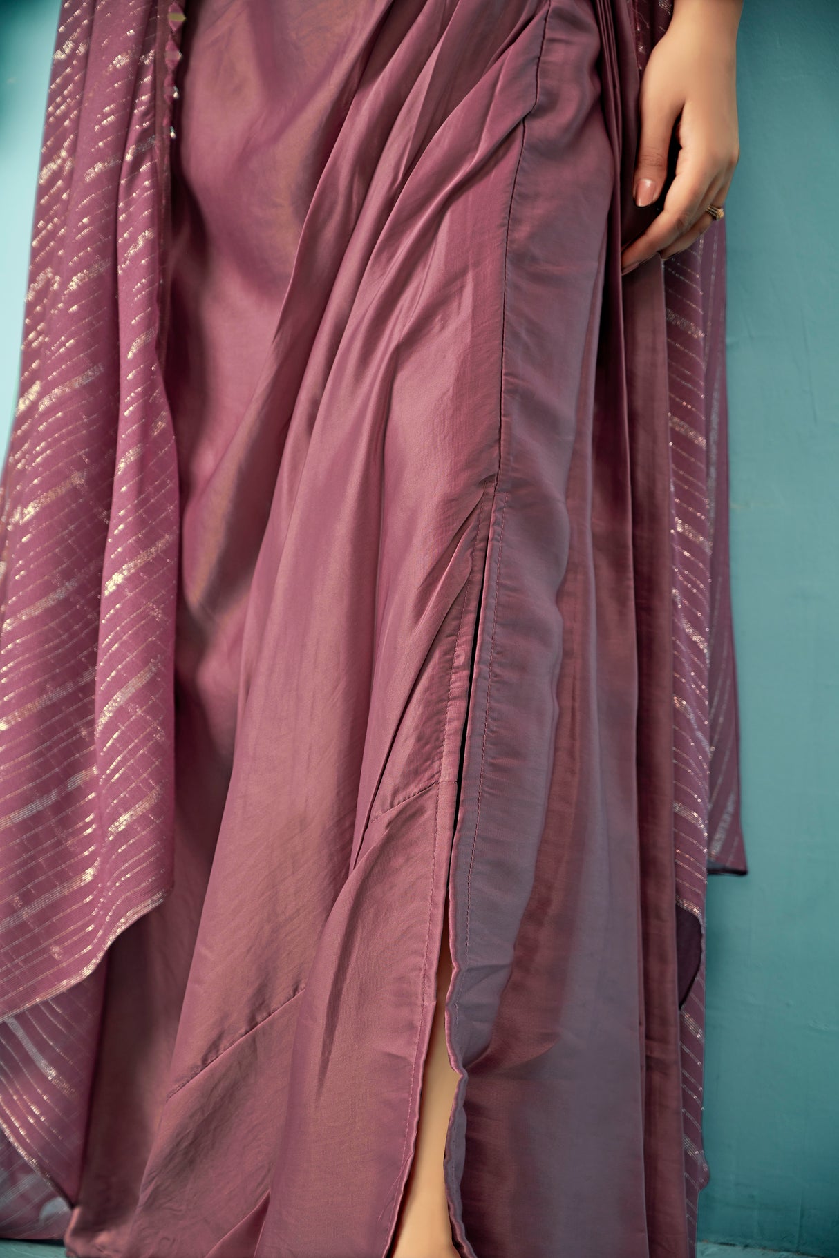 Mauve Draped Satin Saree Gown with Embroidered Scallop Blouse & Cape Pallu – Indo-Western Cocktail & Wedding Wear