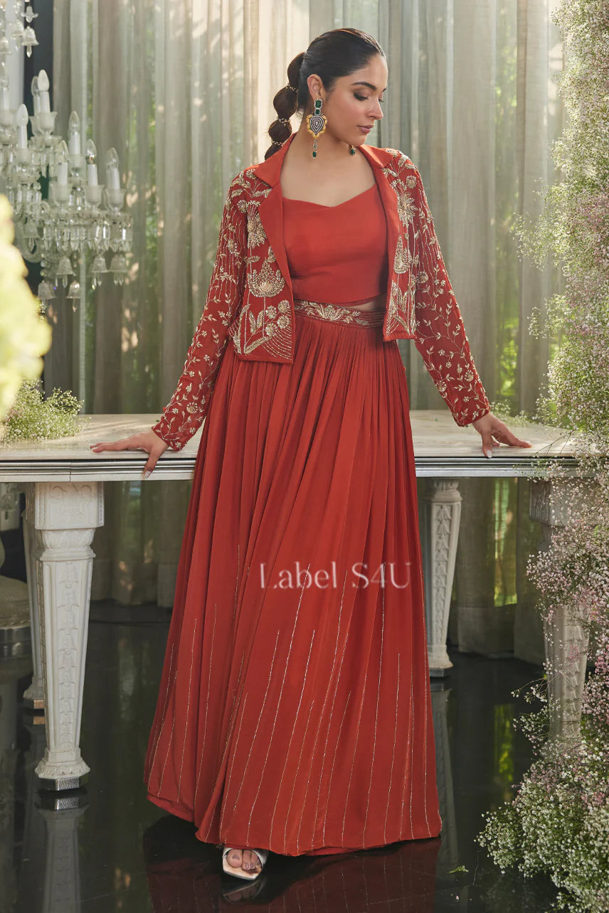 Rust Red Jacket Style Lehenga Set | Label S4U