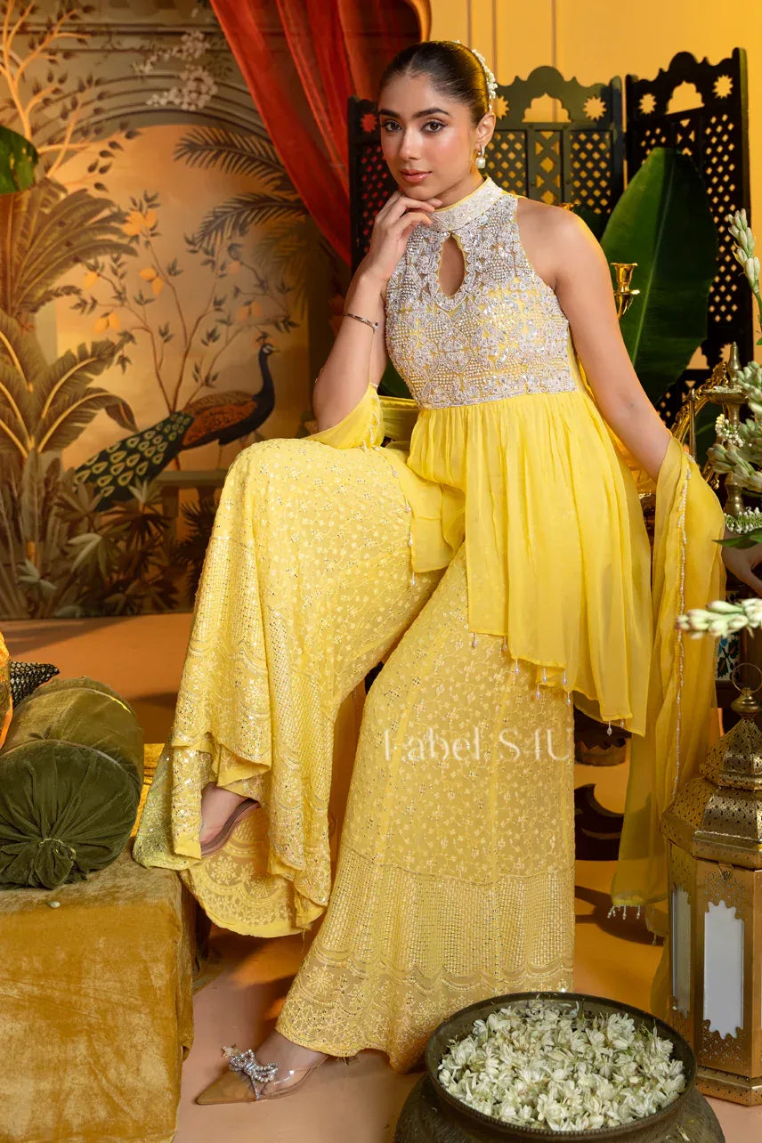 Sunshine Yellow Handcrafted Palazzo Set | Label S4U - MishUUU