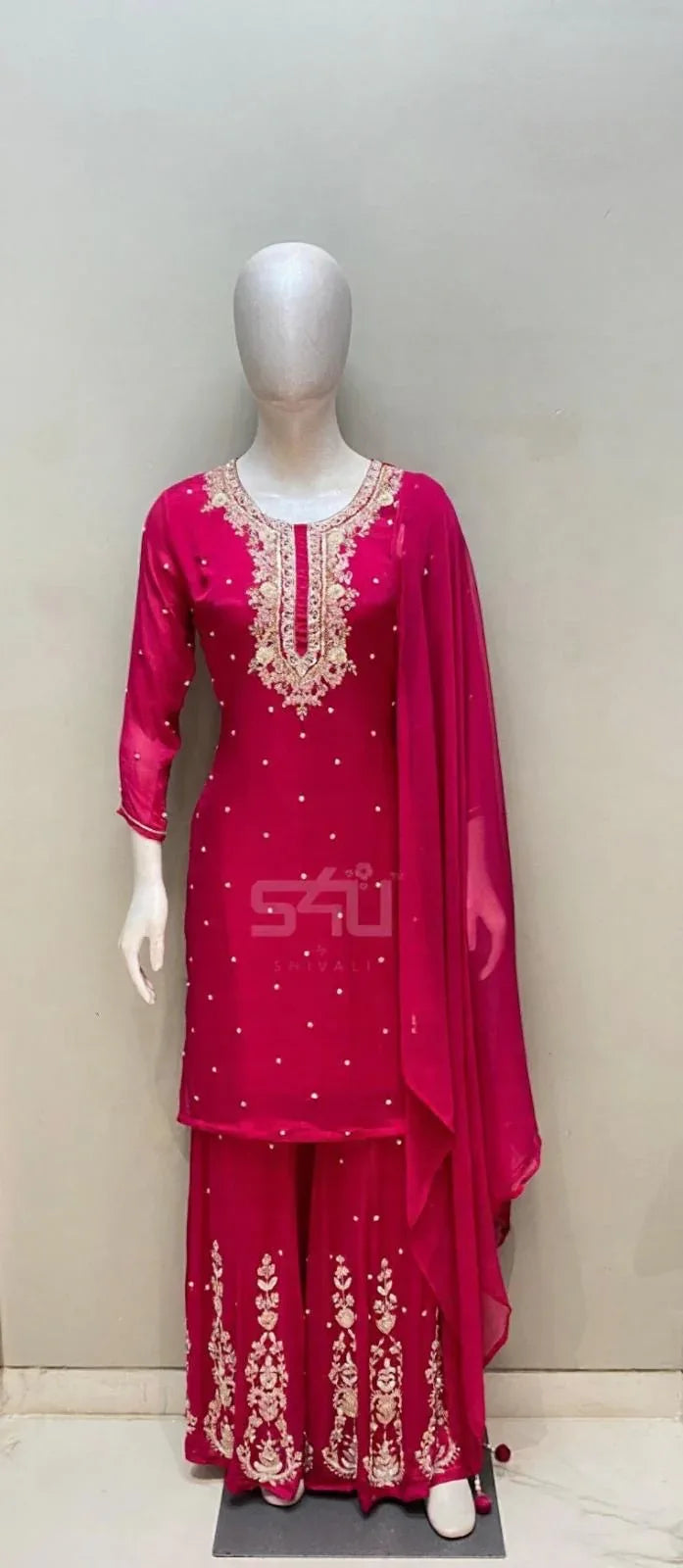 Deep Pink Palazzo Suit with Handcrafted Detailing |Label S4U - MishUUU