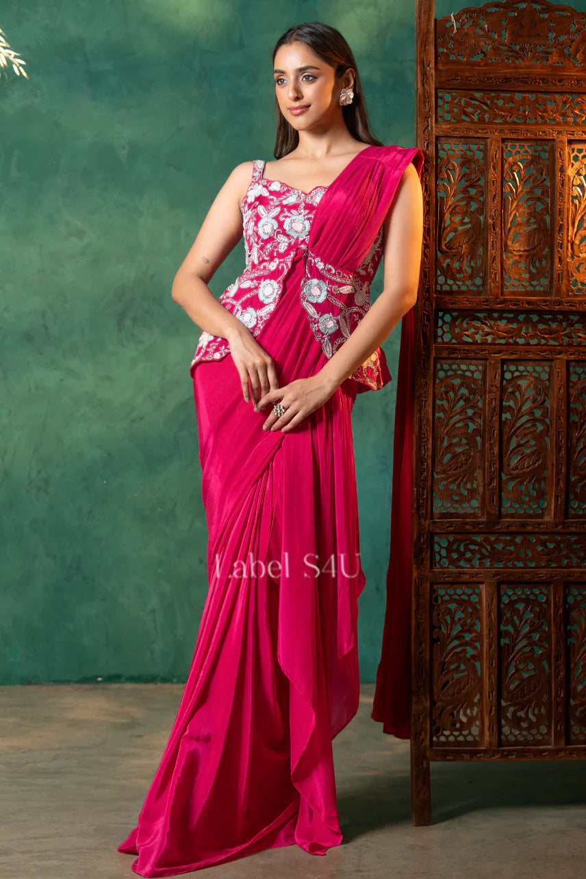 Hot Pink Pre-Stitched Saree Gown with Handcrafted Bodice| Label S4U