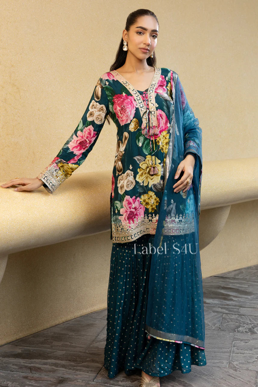 Teal Floral Sharara Set | Label S4U