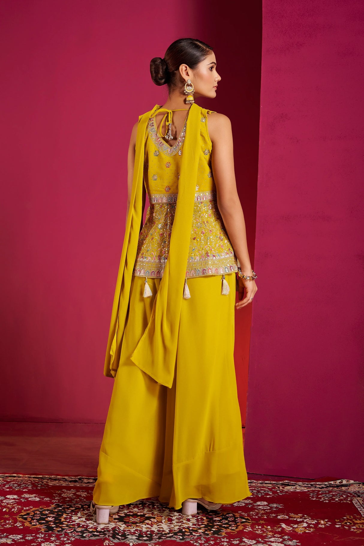 Sunshine Yellow Mirror Work Sharara Set – Radiant Festive Ensemble with Traditional Charm - MishUUU