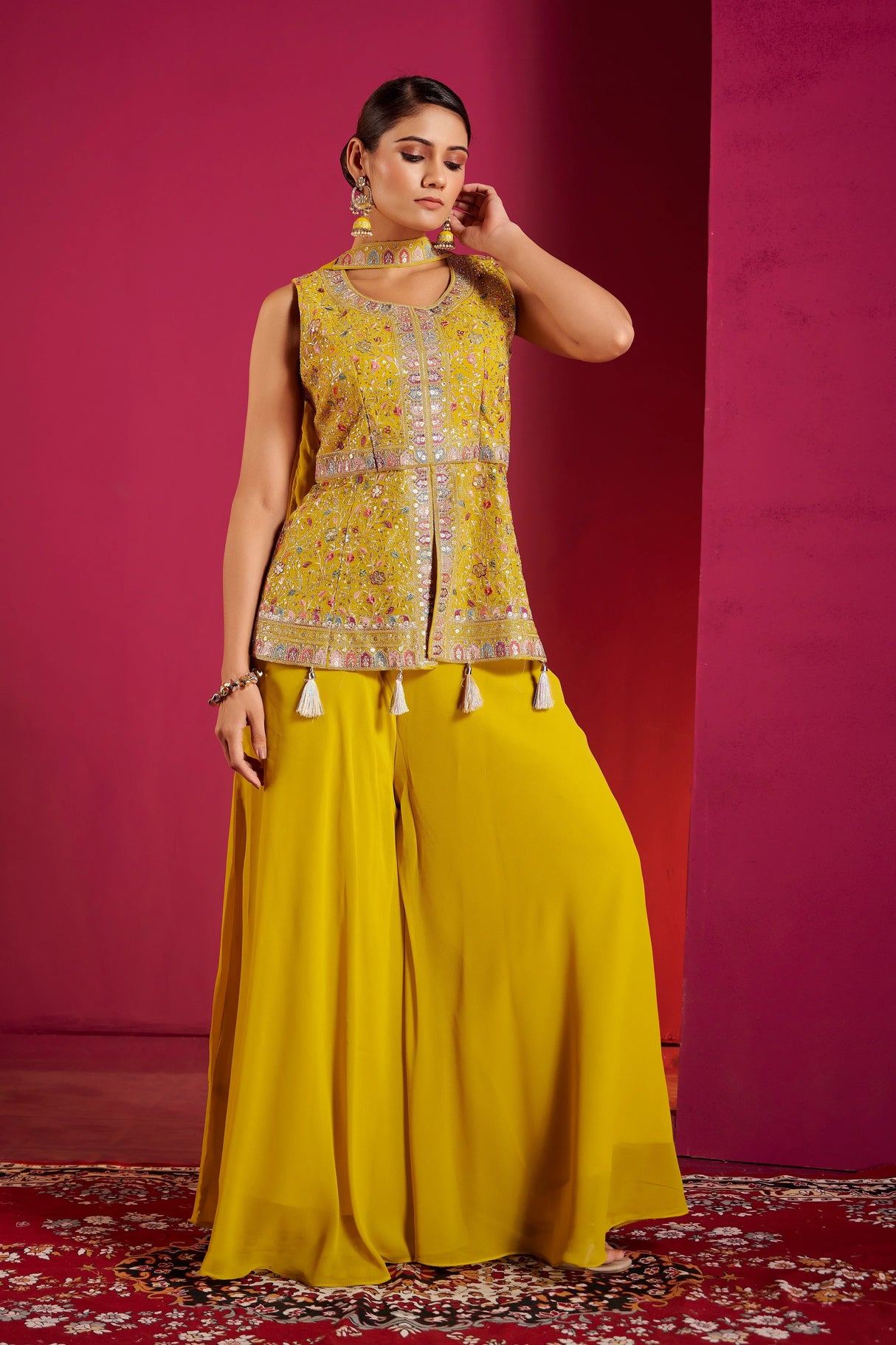Sunshine Yellow Mirror Work Sharara Set – Radiant Festive Ensemble with Traditional Charm - MishUUU
