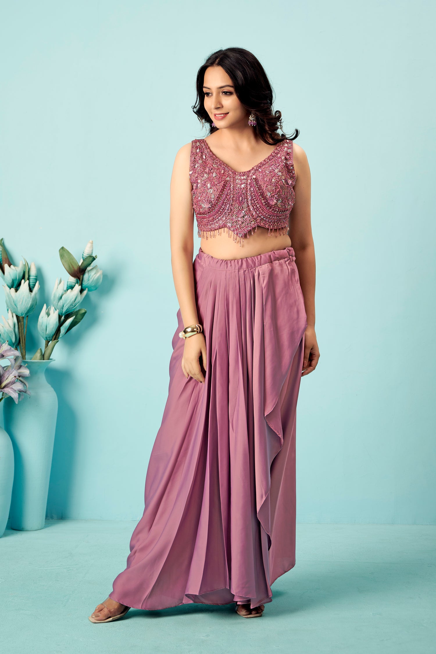 Pink Embellished Pre-Draped Georgette Saree with Sequin Blouse & Sheer Cape