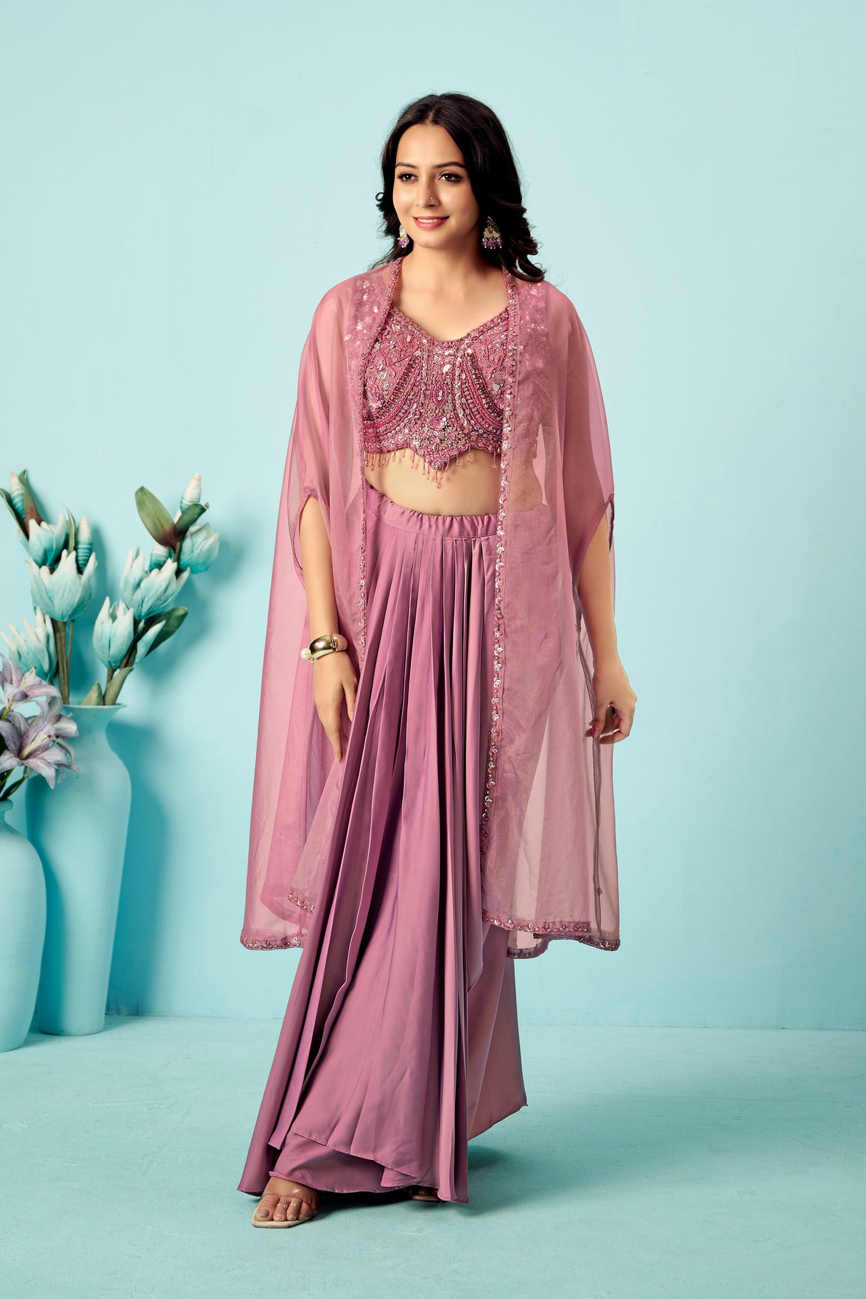 Pink Embellished Pre-Draped Georgette Saree with Sequin Blouse & Sheer Cape