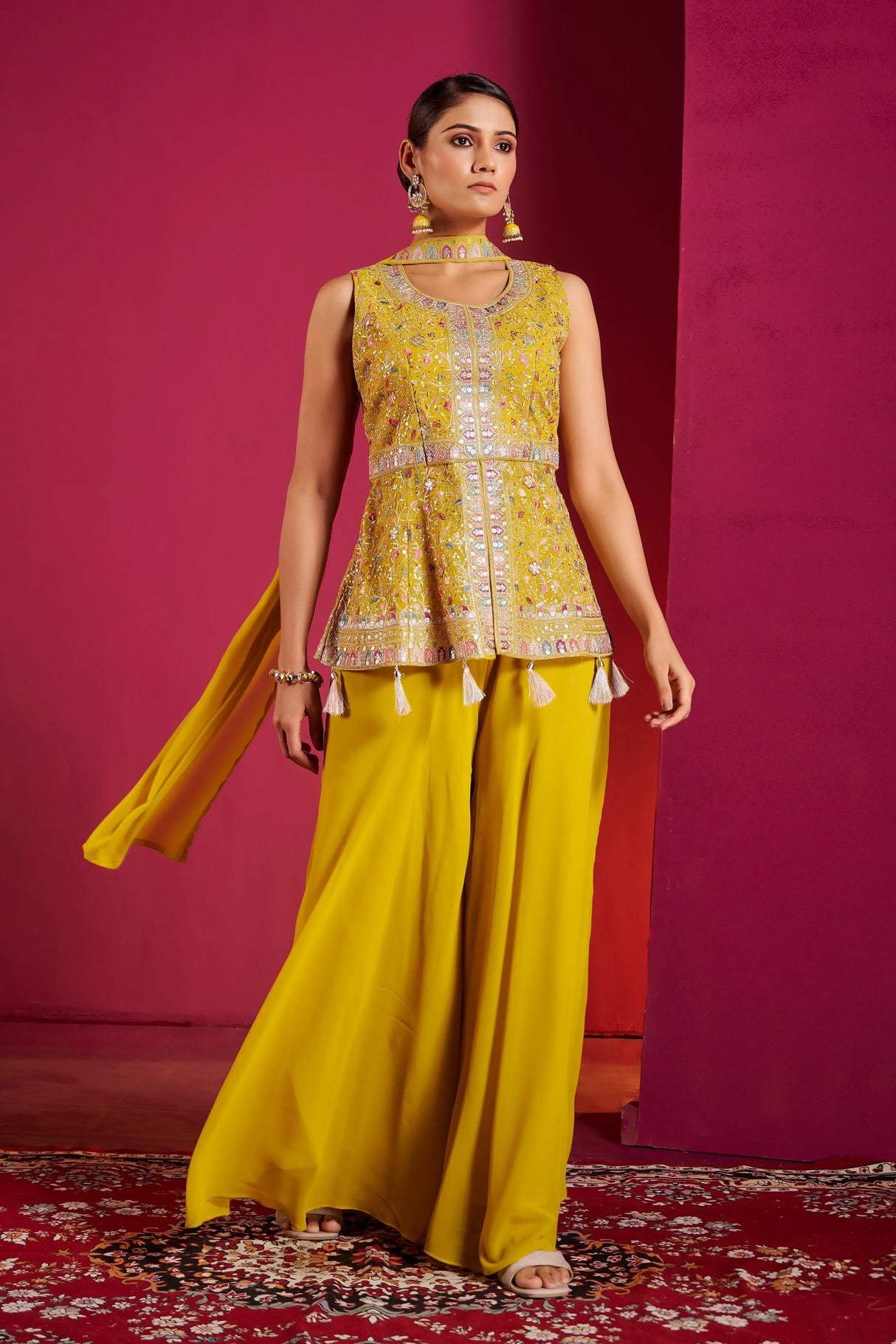 Sunshine Yellow Mirror Work Sharara Set – Radiant Festive Ensemble with Traditional Charm - MishUUU