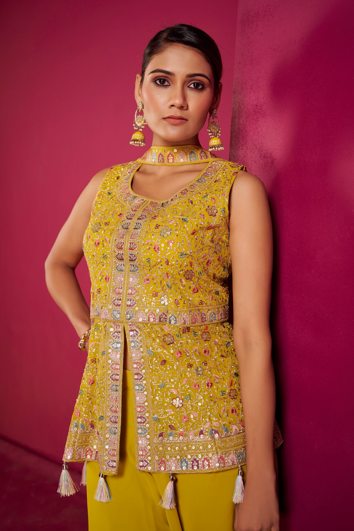 Sunshine Yellow Mirror Work Sharara Set – Radiant Festive Ensemble with Traditional Charm - MishUUU
