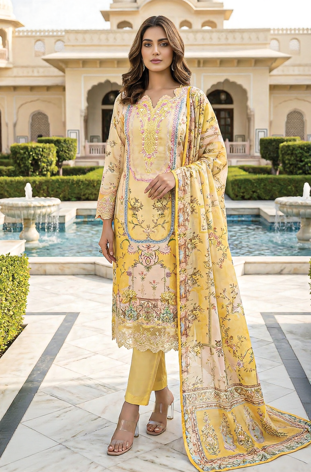 Yellow Floral Embroidered Festive Suit Set