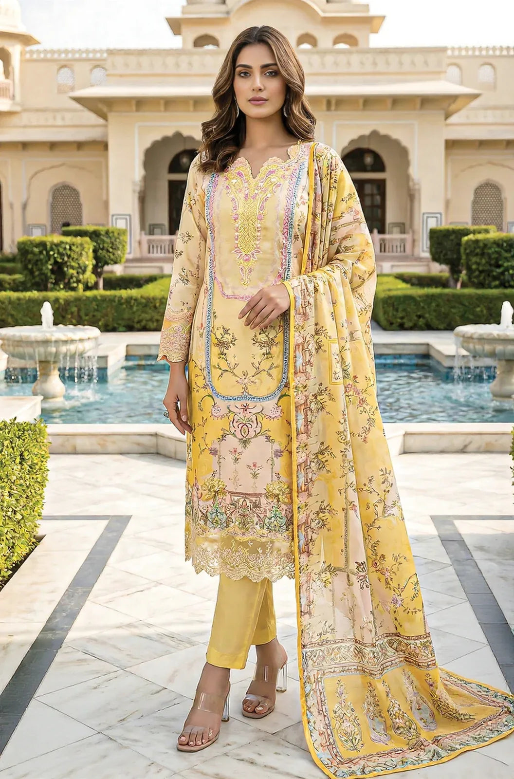 Yellow Floral Embroidered Festive Suit Set - MishUUU