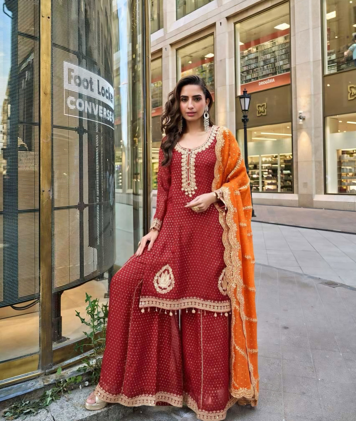 Deep Maroon & Orange Embroidered Kurta Set
