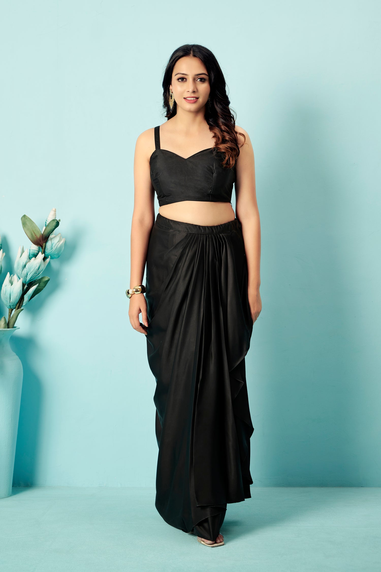 Jet Black Sequinned Pre-Draped Georgette Saree with Designer Blouse