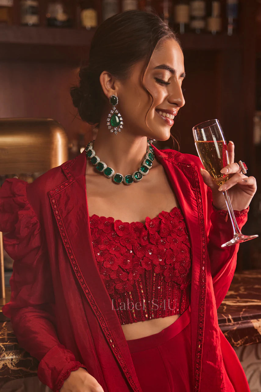 Crimson Rose Embellished Cape Sharara Set