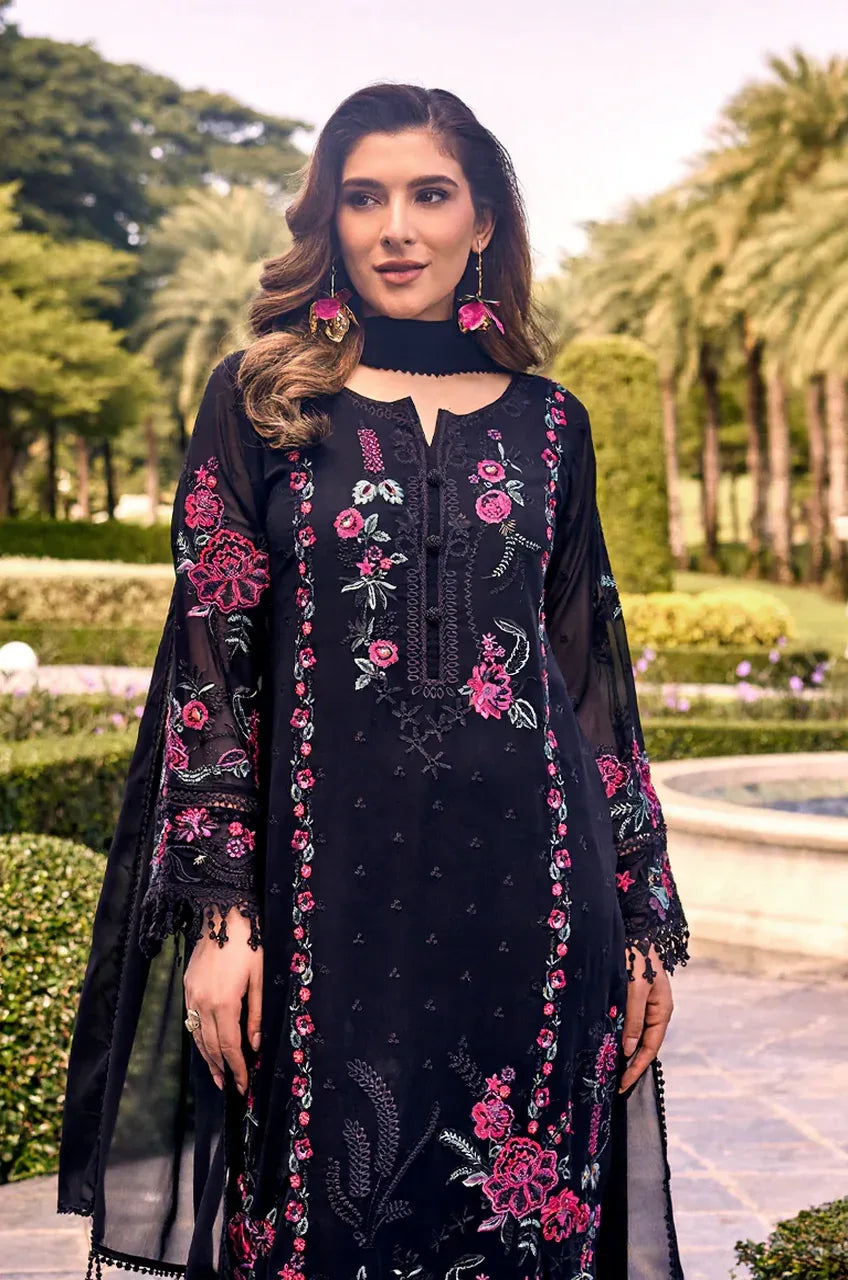 Midnight Black Floral Embroidered Lawn Suit - MishUUU