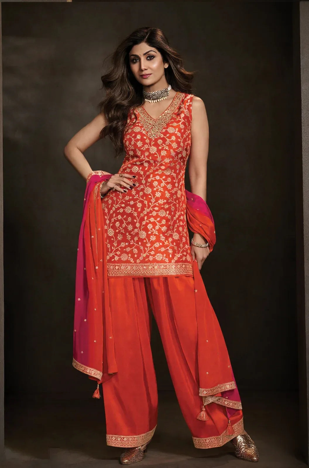 Fiery Orange Embroidered Sharara Suit Set - MishUUU