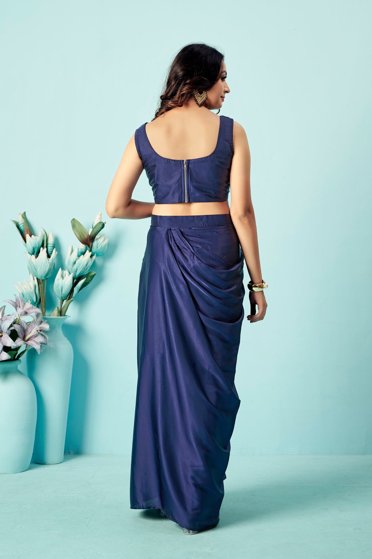Midnight Blue Pre-Draped Saree with Embellished Blouse & Sheer Cape