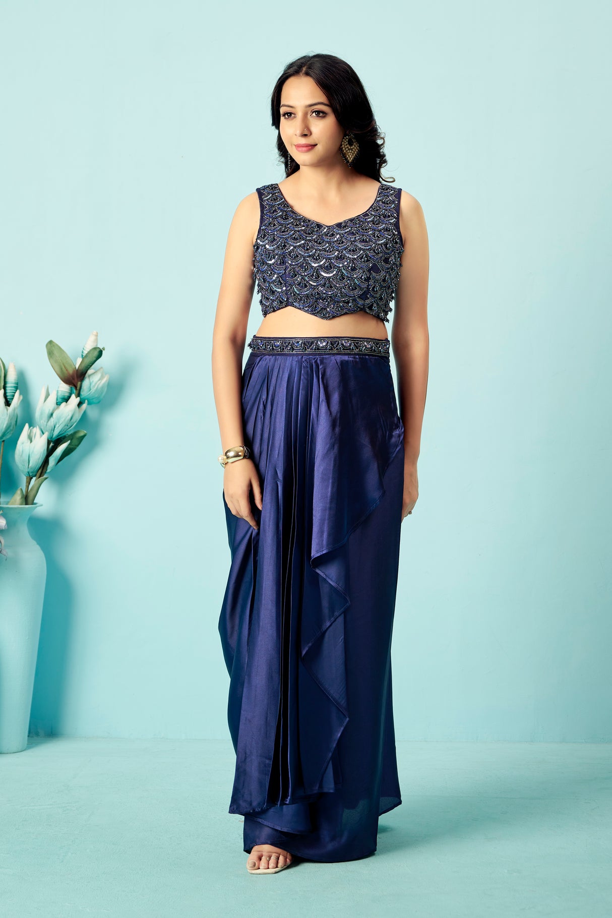 Midnight Blue Pre-Draped Saree with Embellished Blouse & Sheer Cape