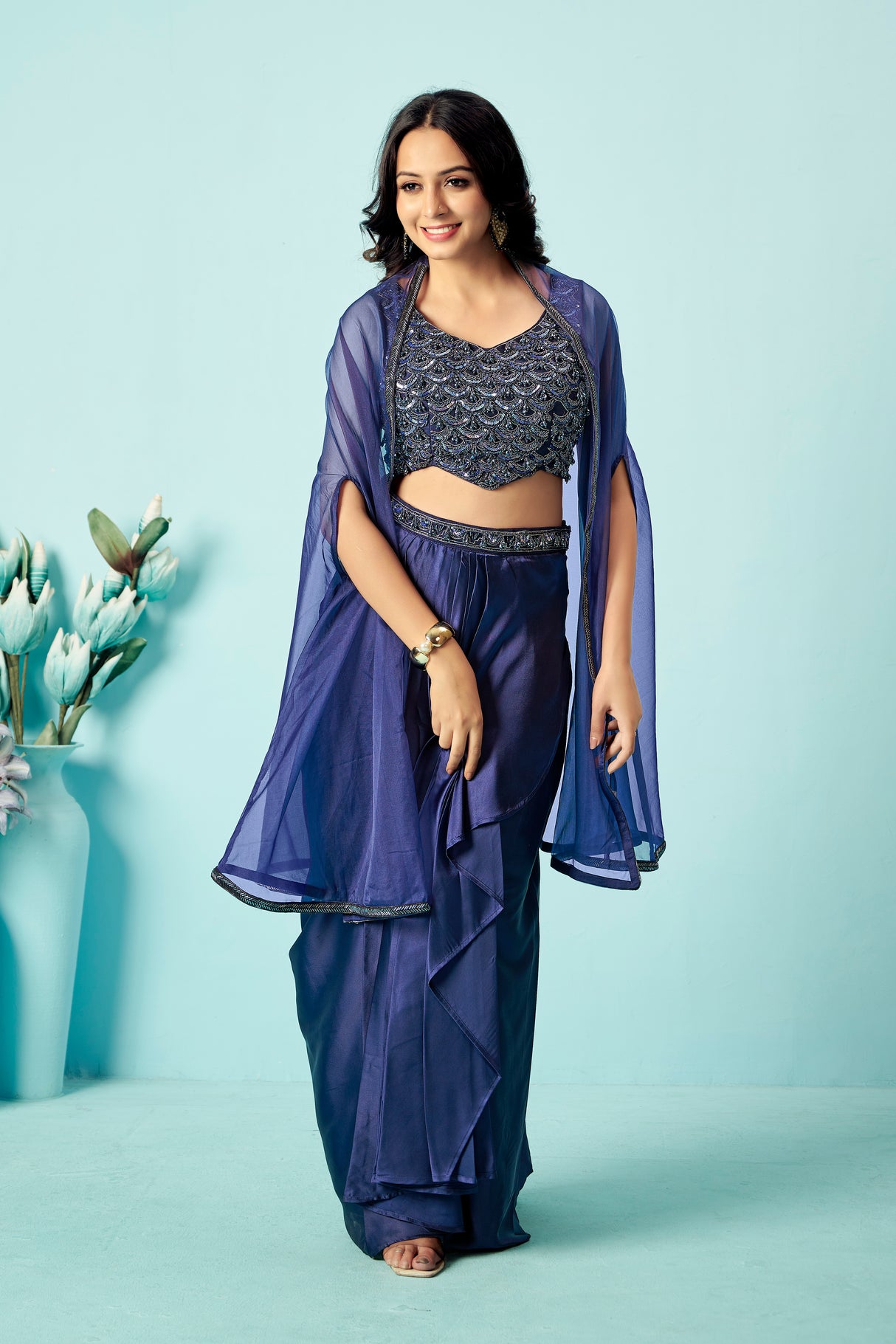 Midnight Blue Pre-Draped Saree with Embellished Blouse & Sheer Cape