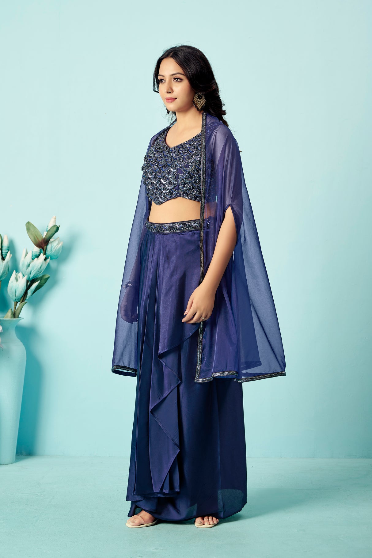 Midnight Blue Pre-Draped Saree with Embellished Blouse & Sheer Cape