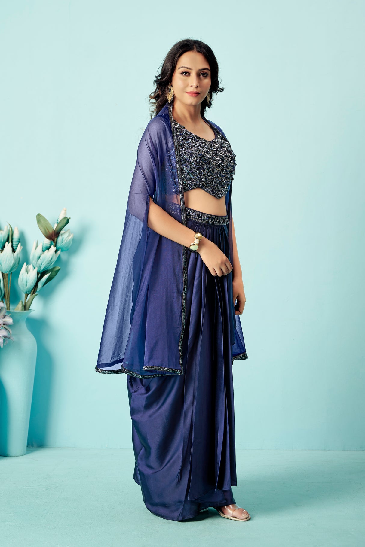 Midnight Blue Pre-Draped Saree with Embellished Blouse & Sheer Cape