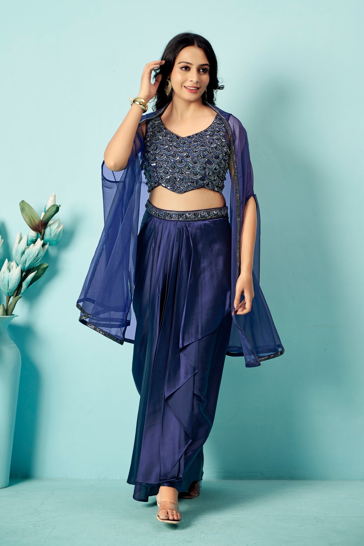 Midnight Blue Pre-Draped Saree with Embellished Blouse & Sheer Cape