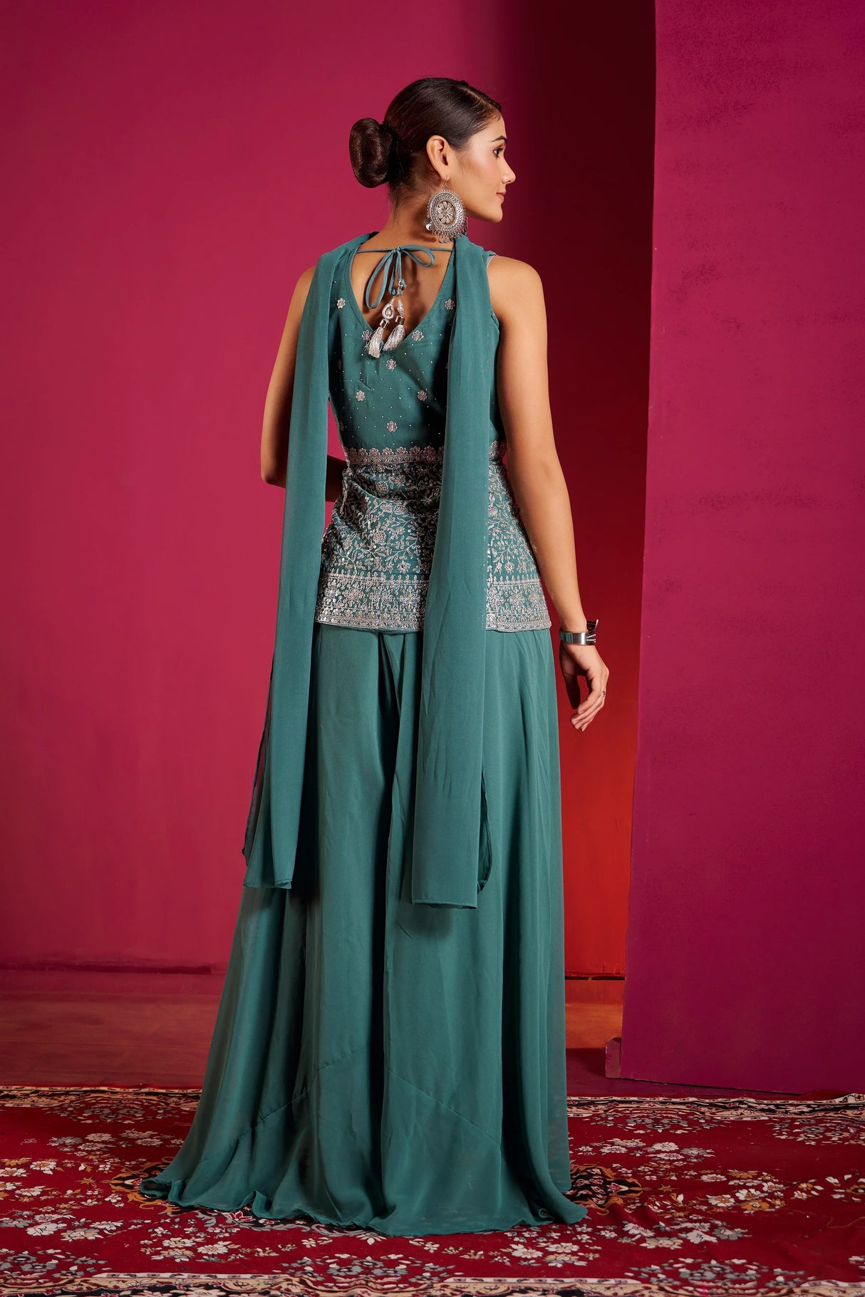Teal Silver Zari Embroidered Sharara Set – Regal Elegance with a Modern Indian Touch - MishUUU