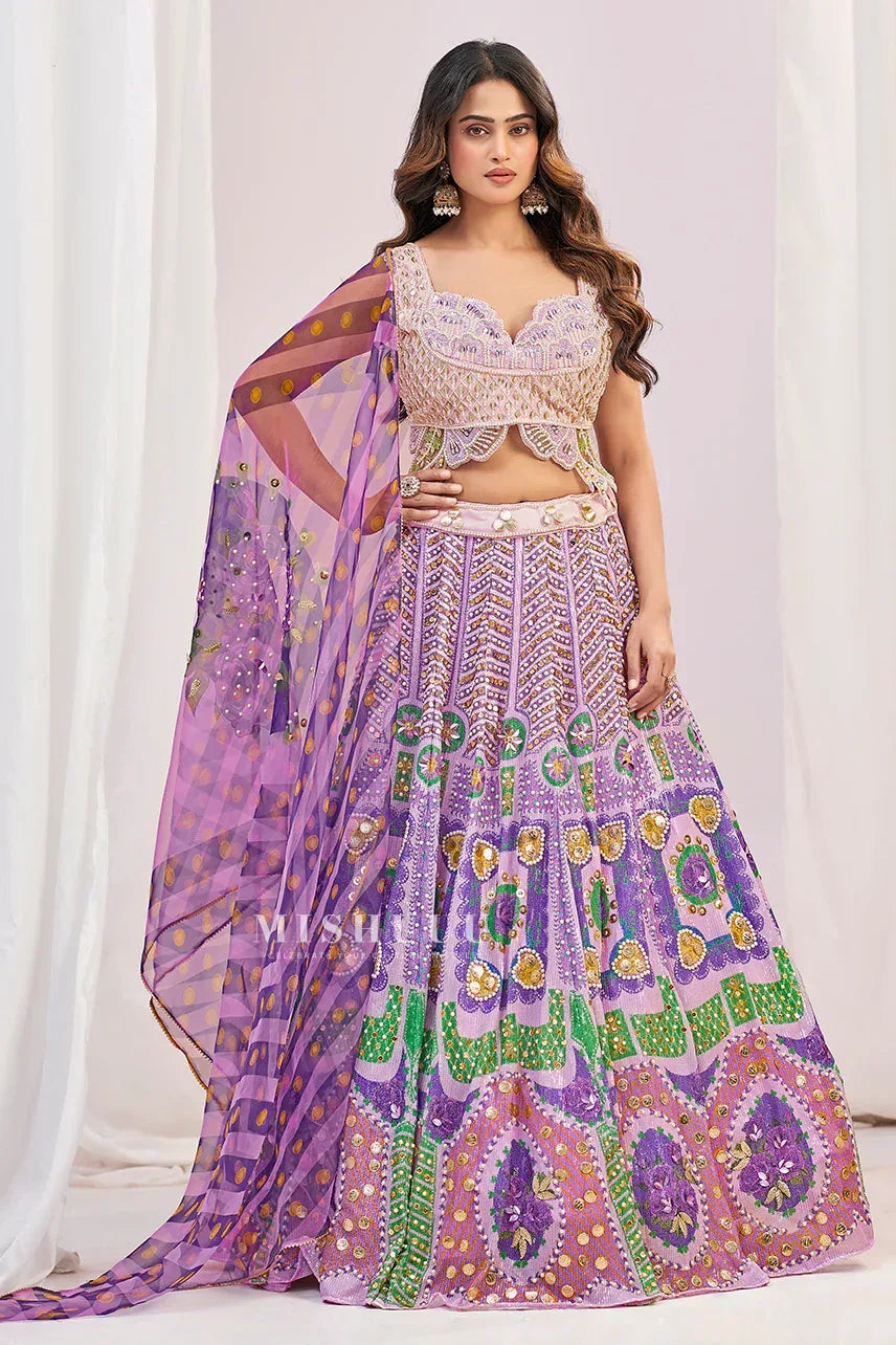 Lavender Mosaic Mirrorwork Lehenga Set - MishUUU