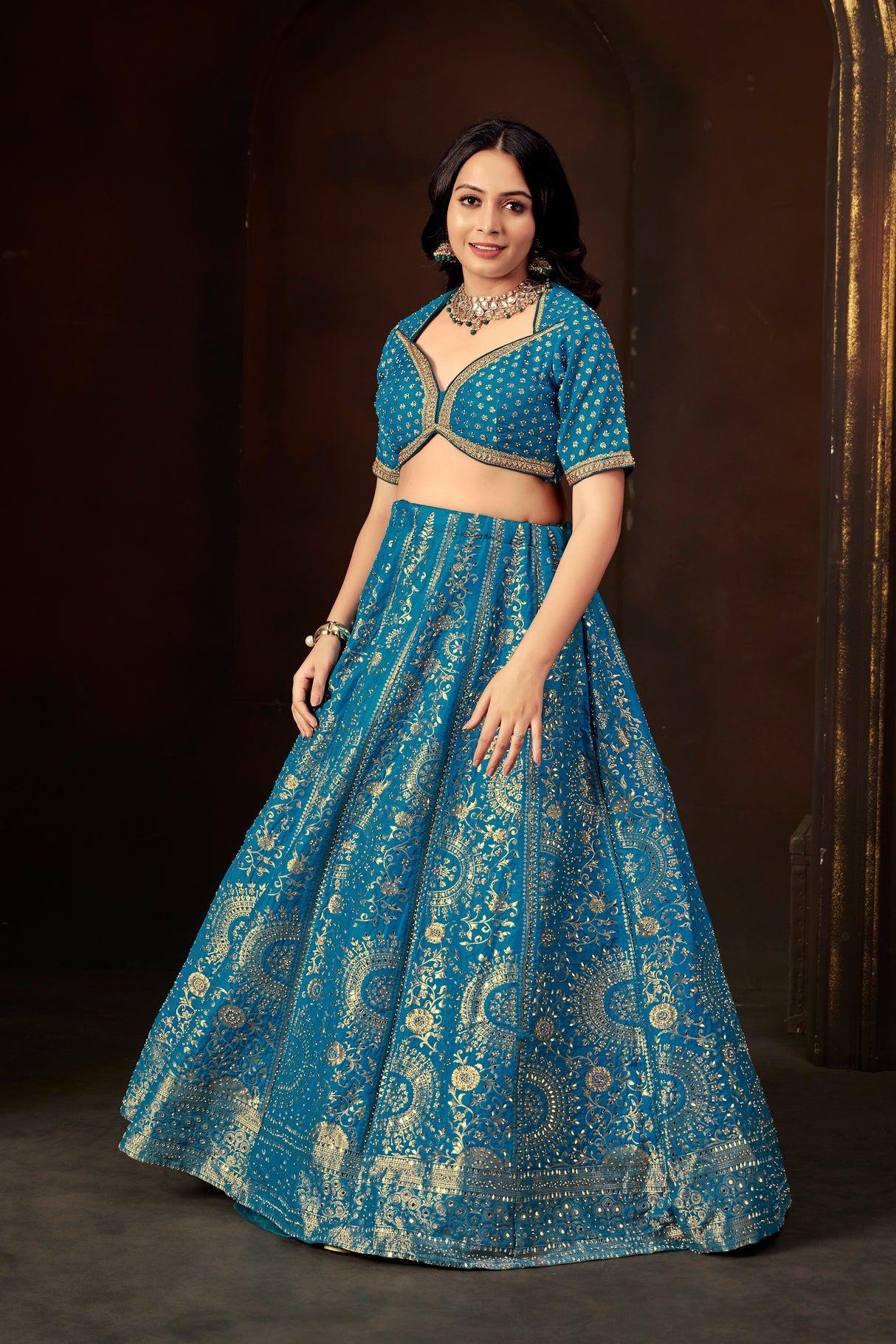 Royal Blue Zari Embroidered Silk Lehenga Set with Mirror Work Blouse & Dupatta