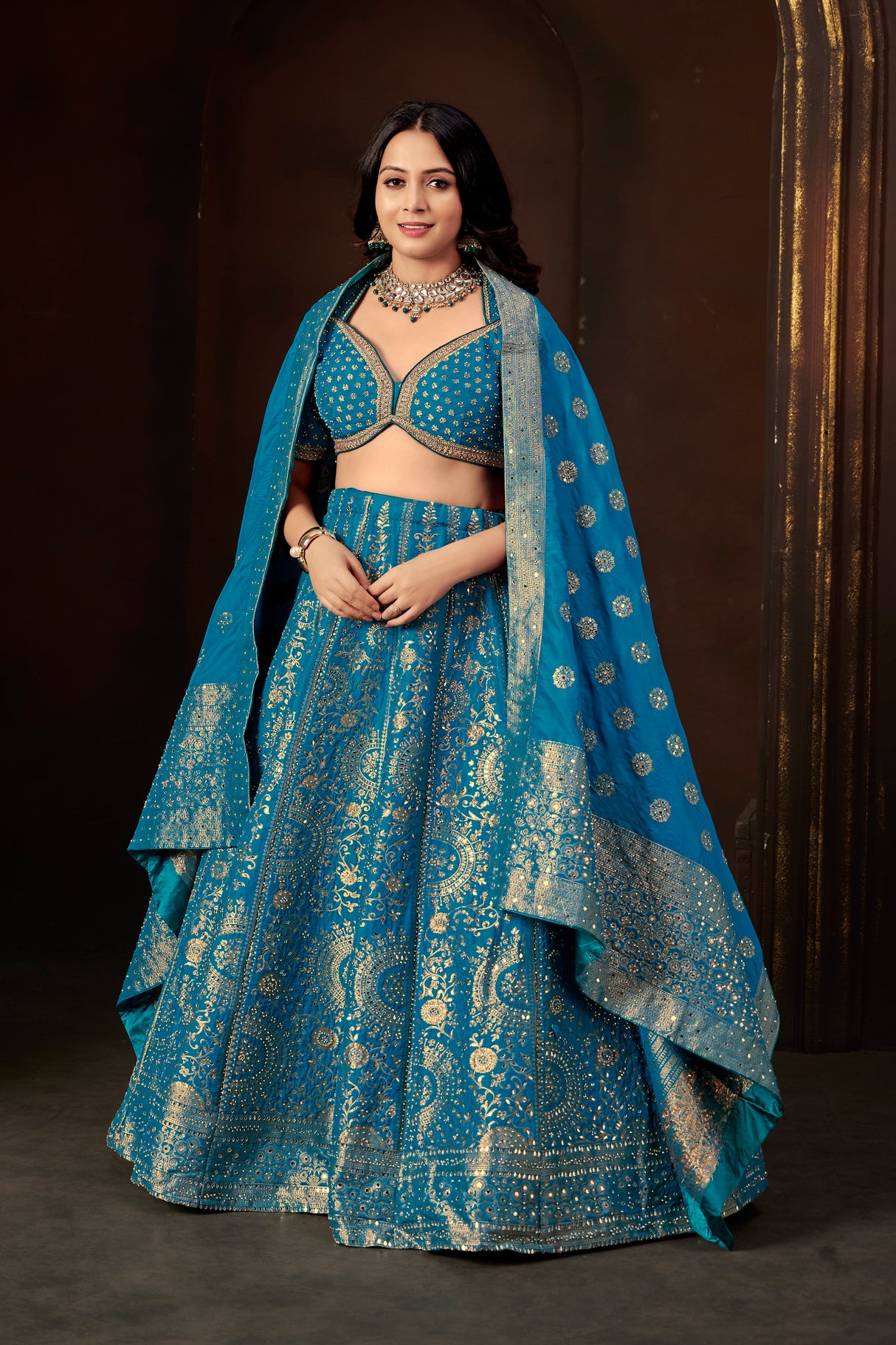 Royal Blue Zari Embroidered Silk Lehenga Set with Mirror Work Blouse & Dupatta