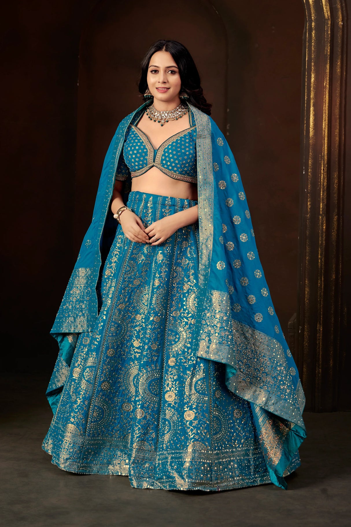 Royal Blue Zari Embroidered Silk Lehenga Set with Mirror Work Blouse & Dupatta - MishUUU