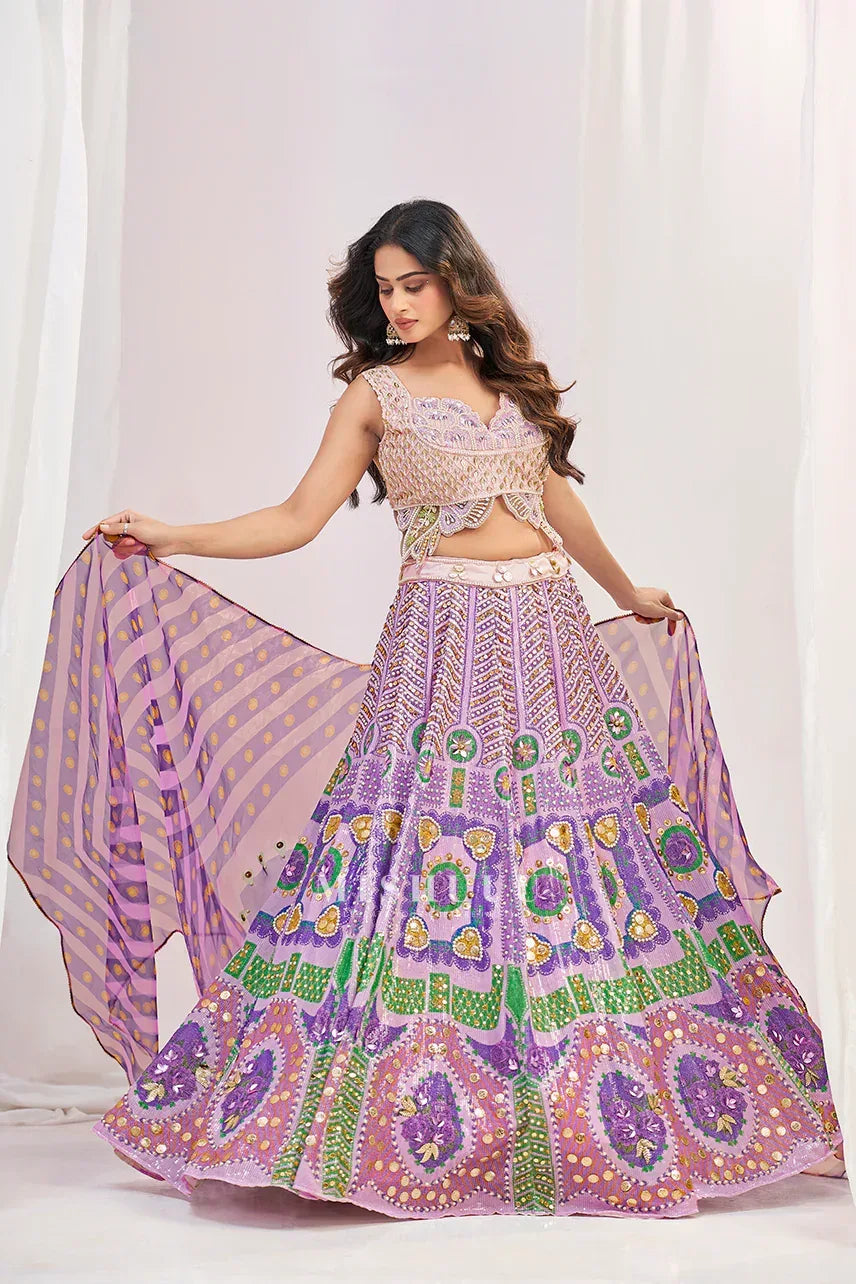 Lavender Mosaic Mirrorwork Lehenga Set - MishUUU