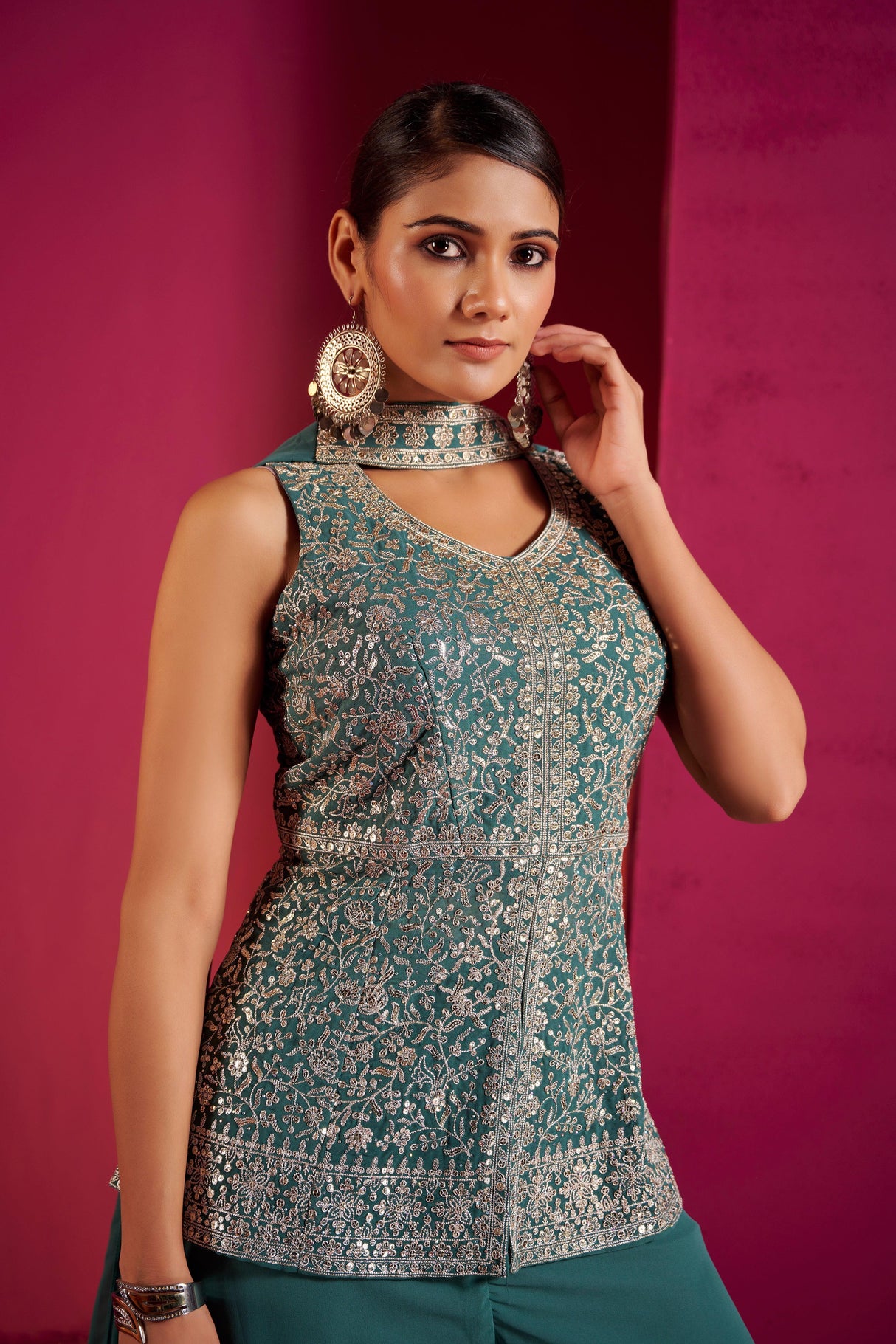 Teal Silver Zari Embroidered Sharara Set – Regal Elegance with a Modern Indian Touch - MishUUU