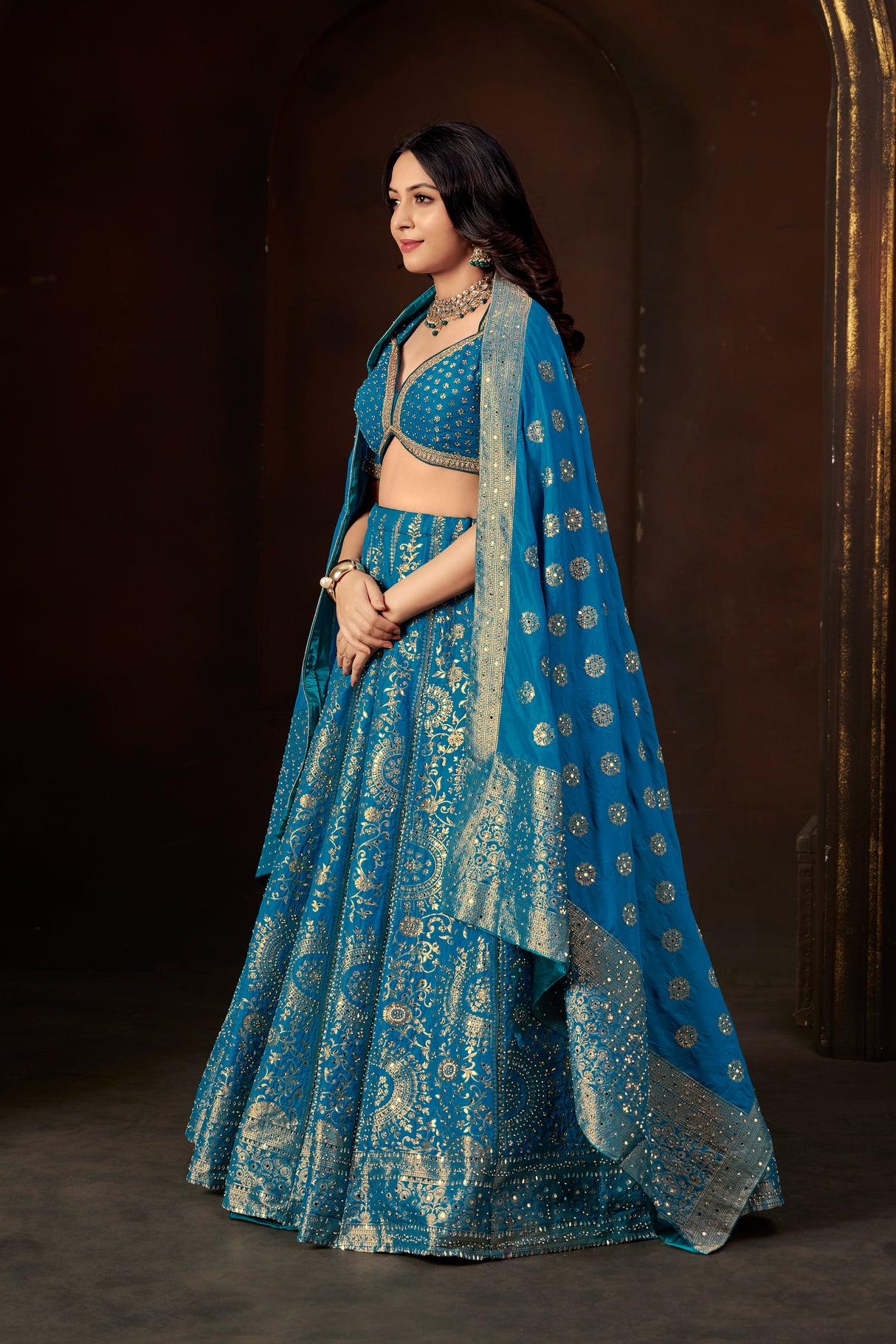 Royal Blue Zari Embroidered Silk Lehenga Set with Mirror Work Blouse & Dupatta