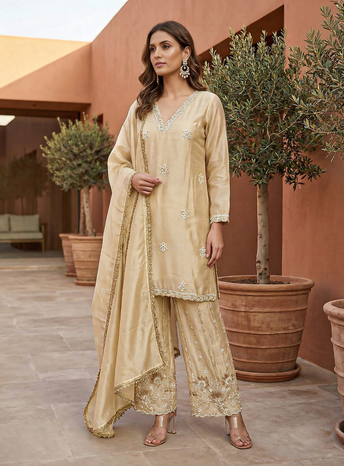 Golden Grace Embroidered Sharara Suit Set
