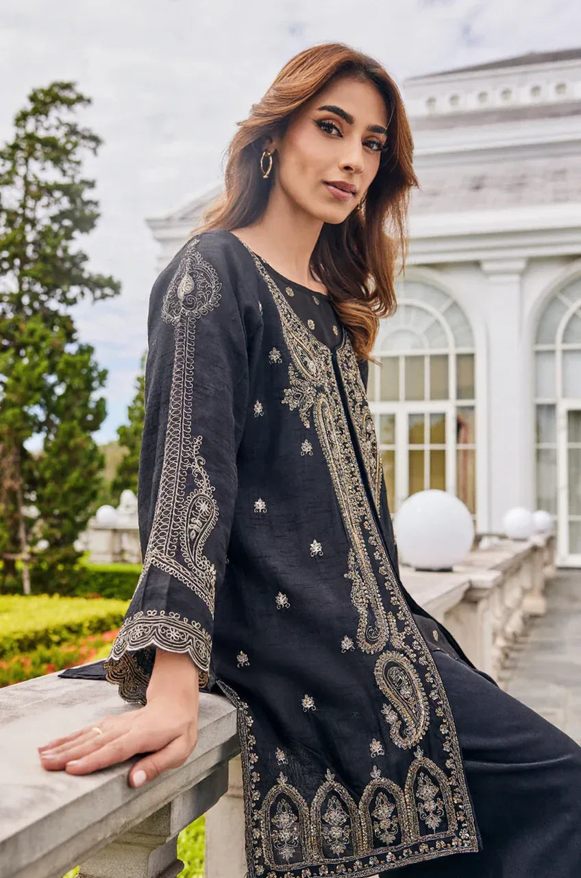 Black Embroidered Jacket Style Kurta Palazzo Set - MishUUU