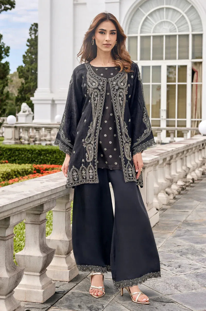 Black Embroidered Jacket Style Kurta Palazzo Set - MishUUU