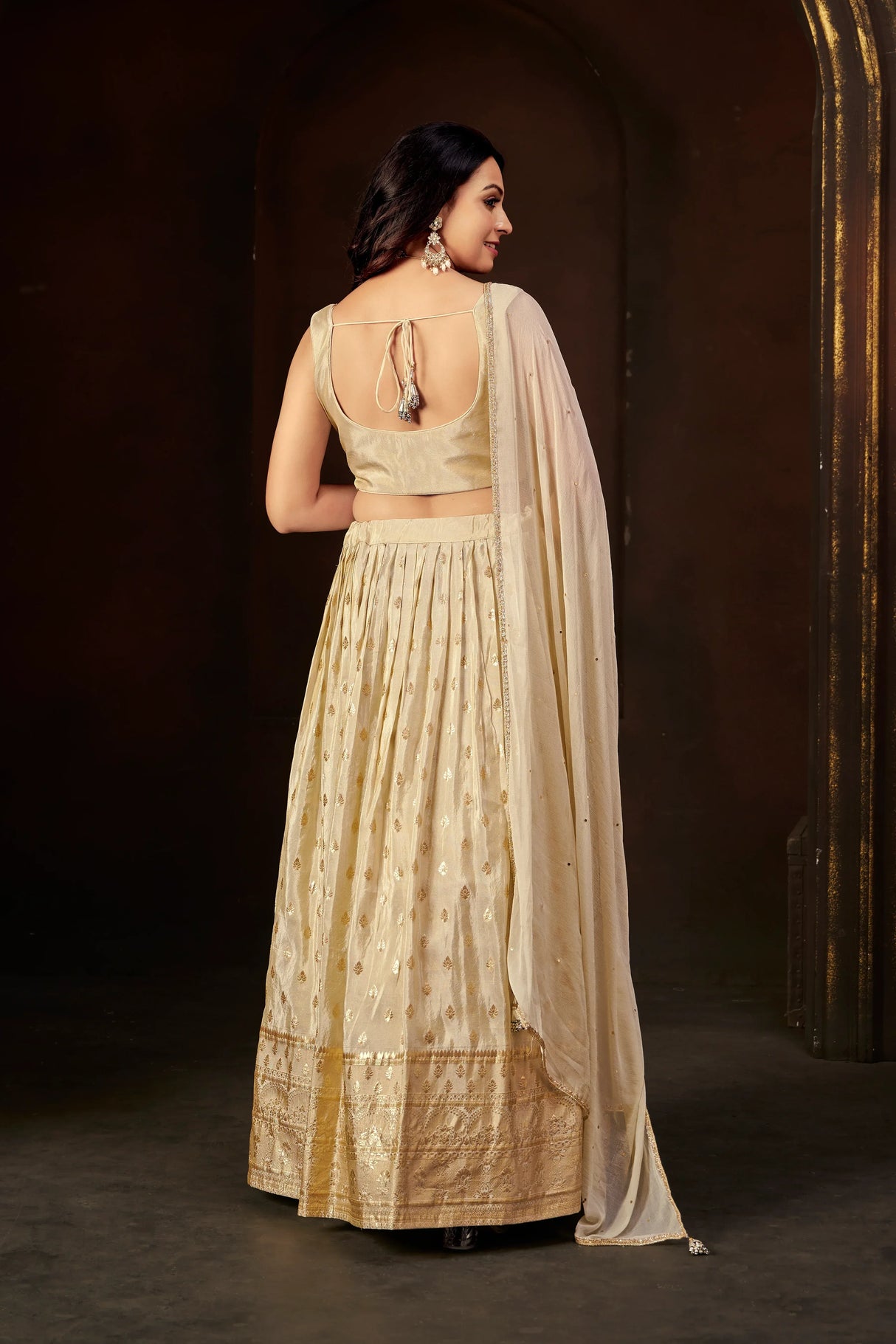 Champagne Gold Silk Embellished Lehenga Set with Sleeveless Beaded Blouse & Organza Dupatta - MishUUU