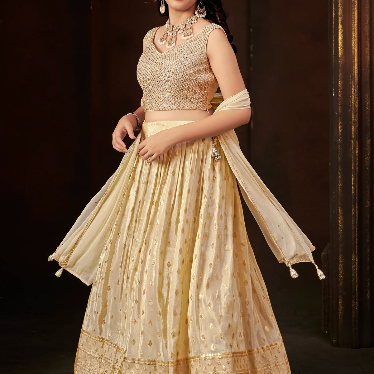 Champagne Gold Silk Embellished Lehenga Set with Sleeveless Beaded
