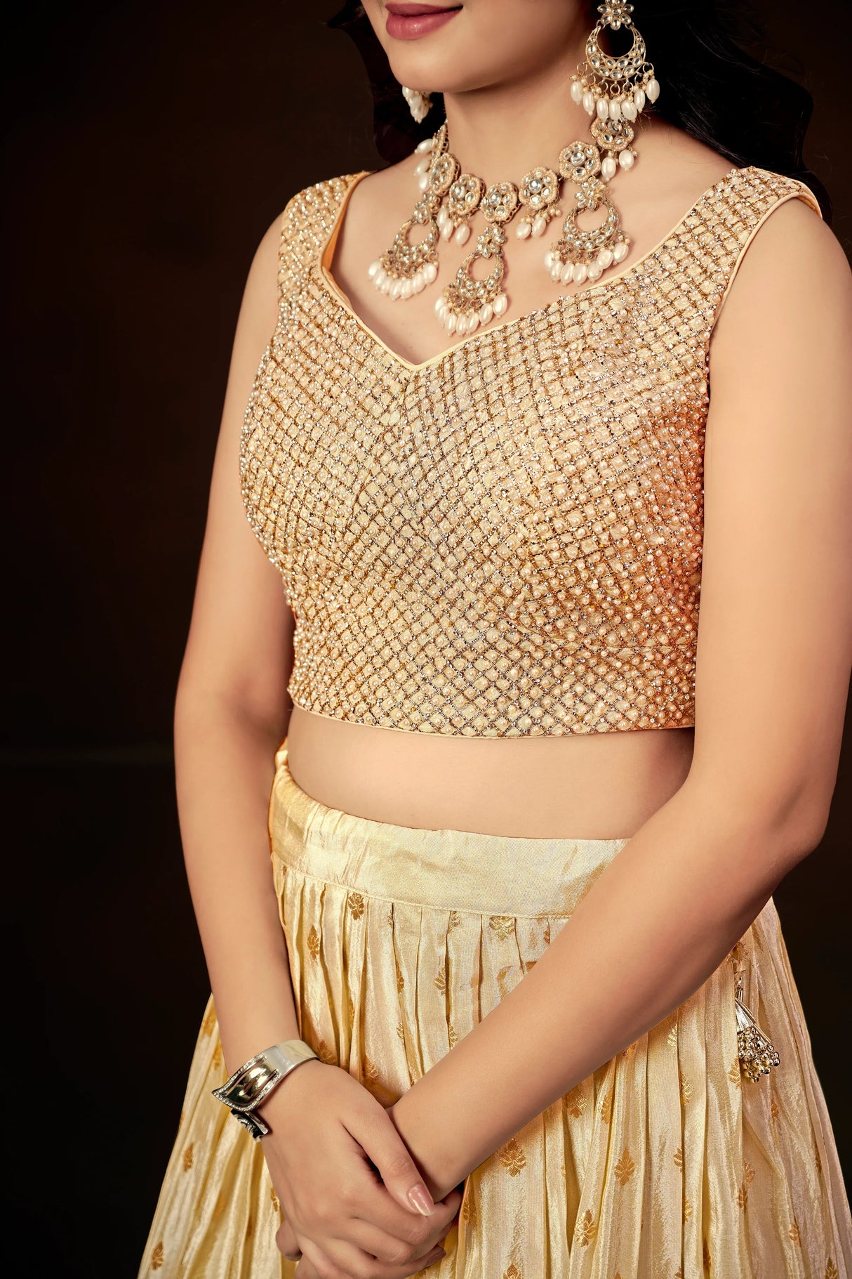Champagne Gold Silk Embellished Lehenga Set with Sleeveless Beaded Blouse & Organza Dupatta - MishUUU