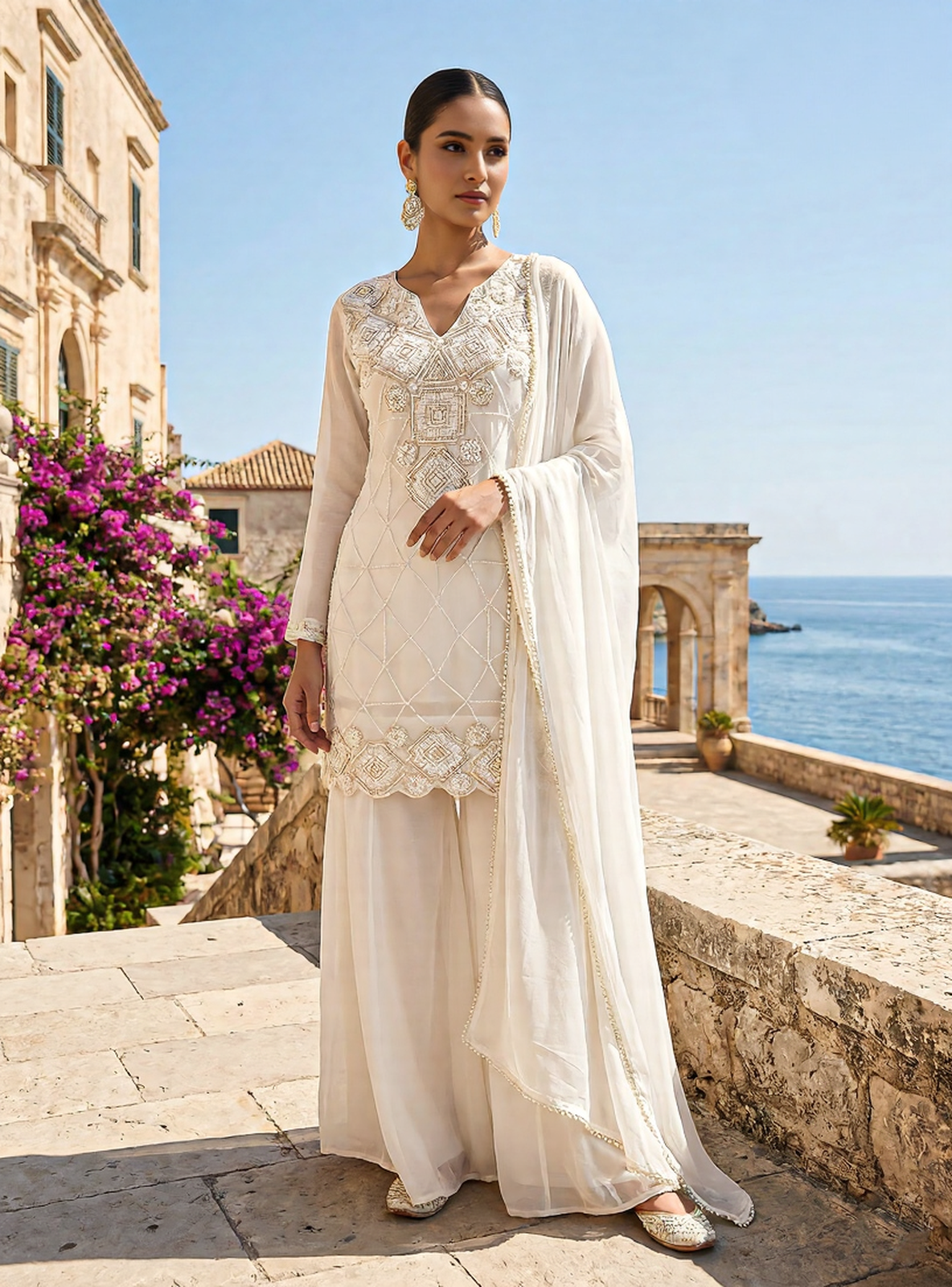 Ivory Heritage Embroidered Palazzo Suit