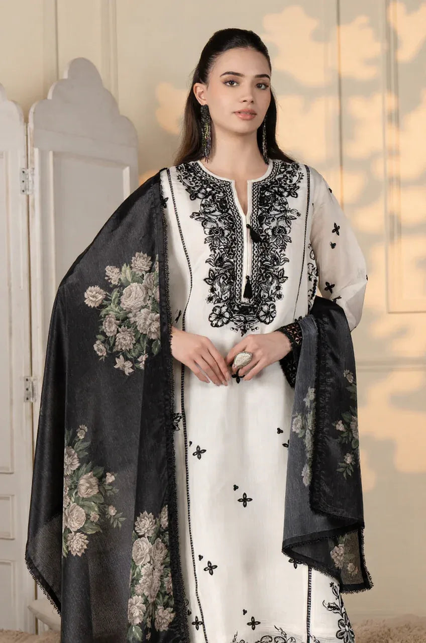 White & Black Embroidered Kurta Set with Floral Dupatta - MishUUU