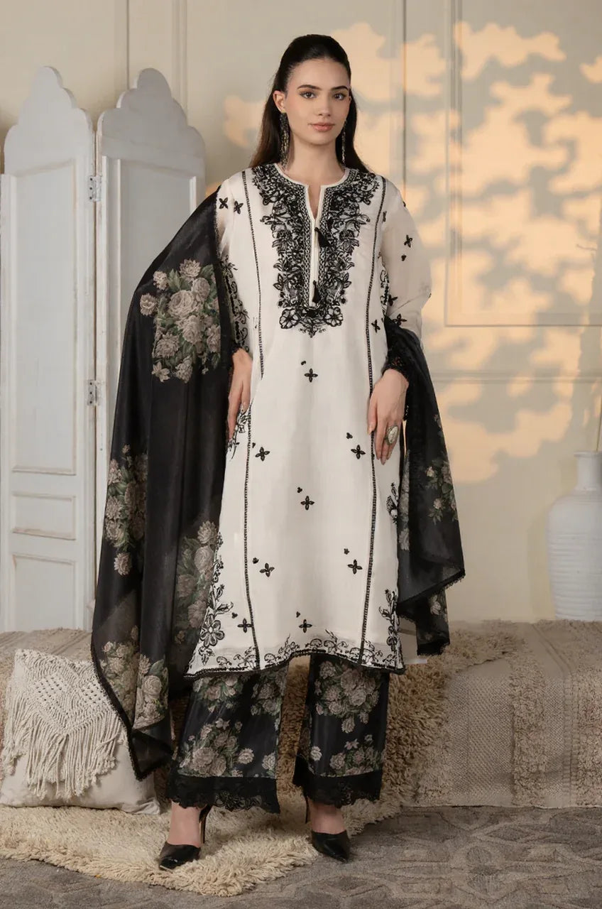 White & Black Embroidered Kurta Set with Floral Dupatta - MishUUU