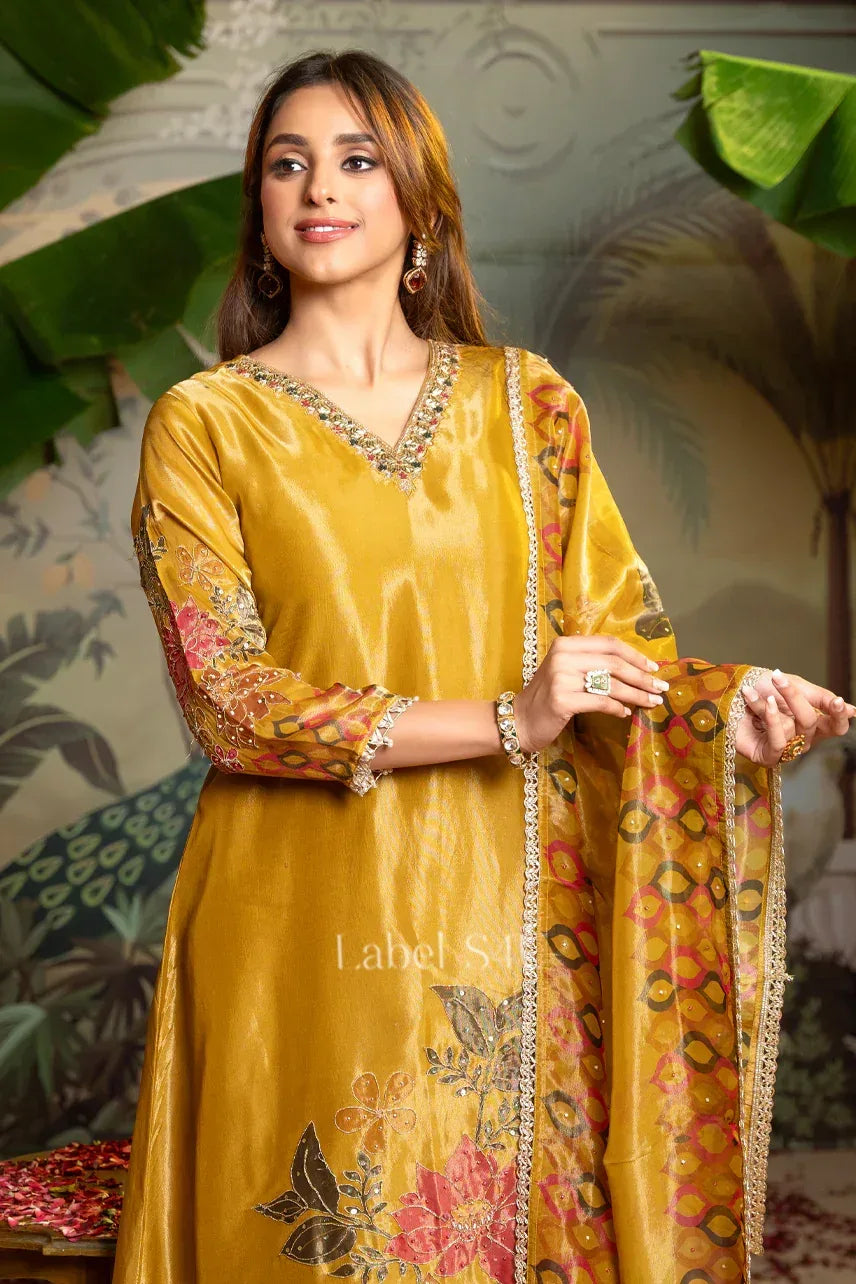 Mustard Gold Velvet Floral Suit Set | Label S4U - MishUUU