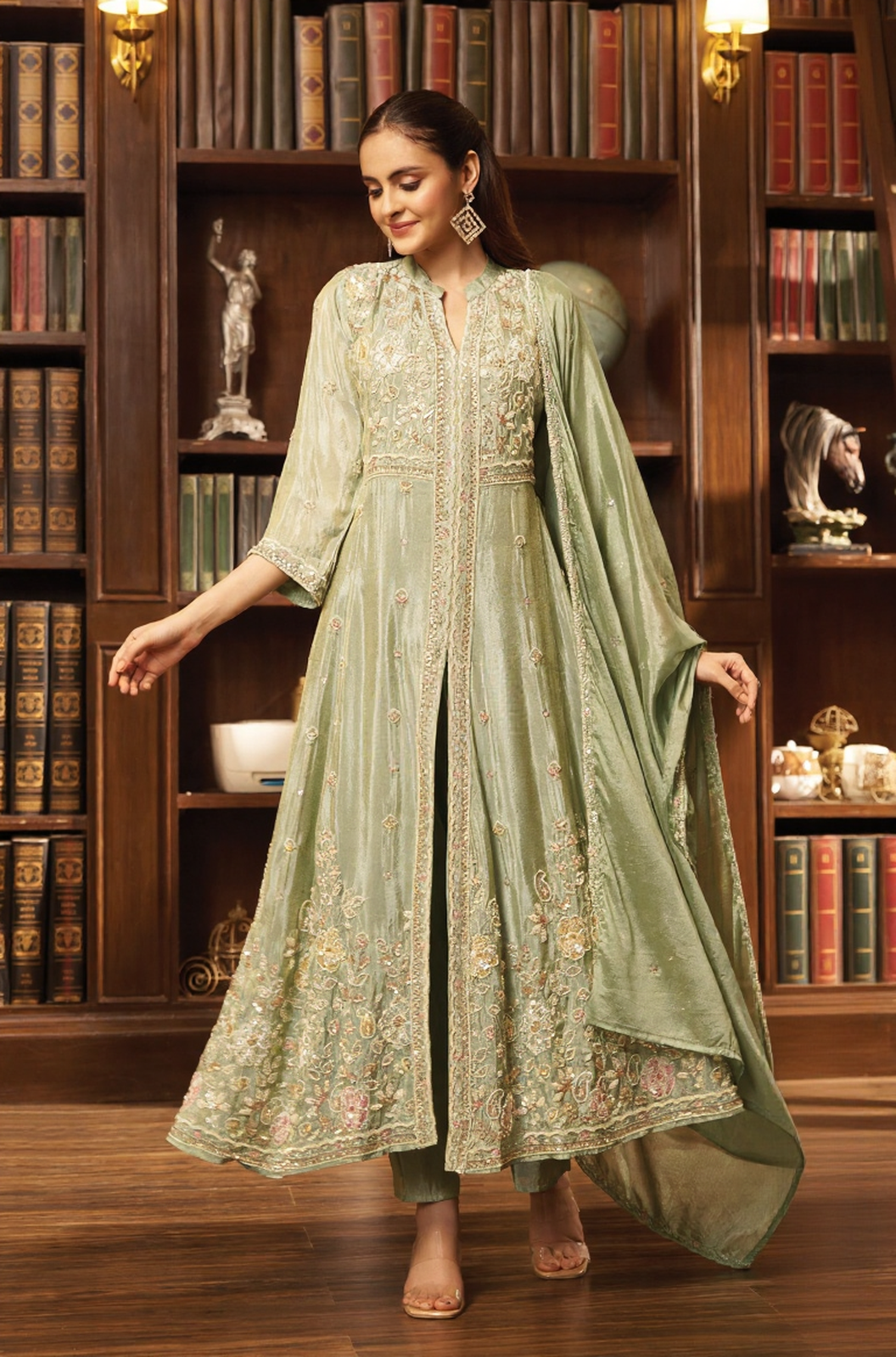 Sage Bloom Embroidered Front Open Anarkali Suit