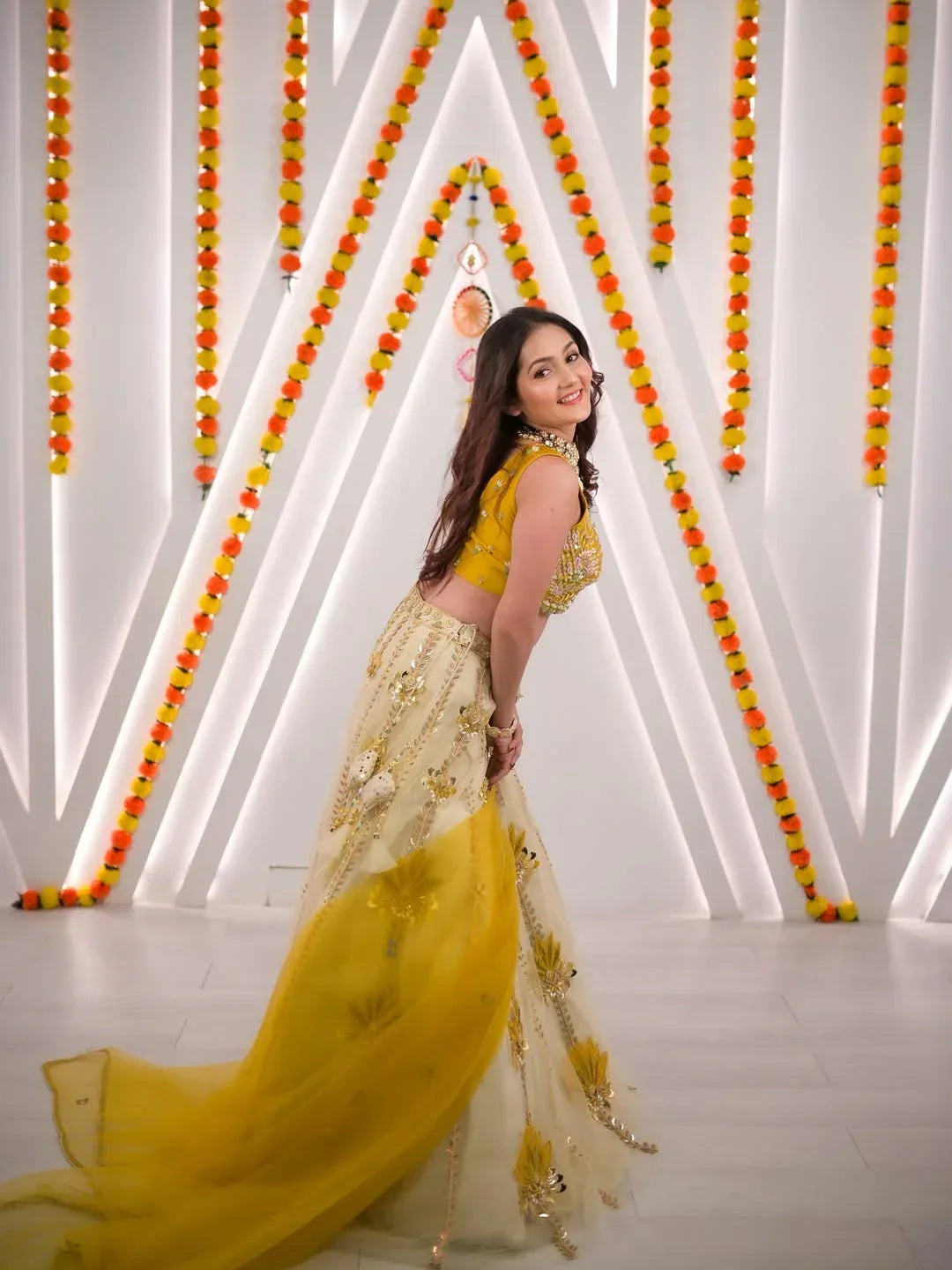 Mustard Yellow Floral Lehenga Set - MishUUU