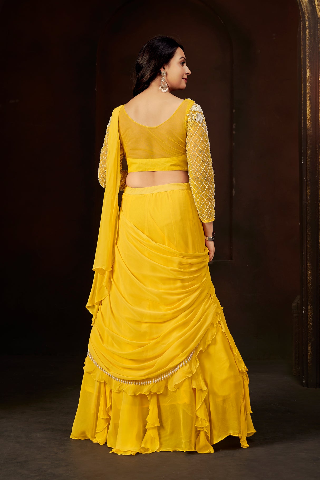 Radiant Yellow Embroidered Full-Sleeve Blouse & Cascading Ruffle Skirt Set